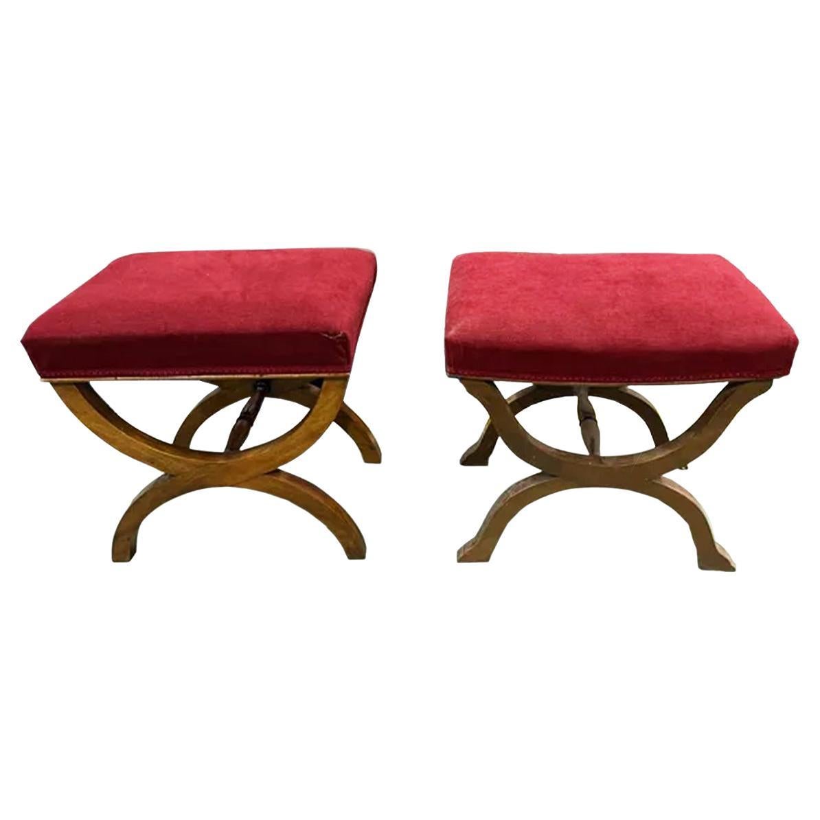 Stools Beautiful Walnut and Maroon Velvet Ottomans and Poufs
