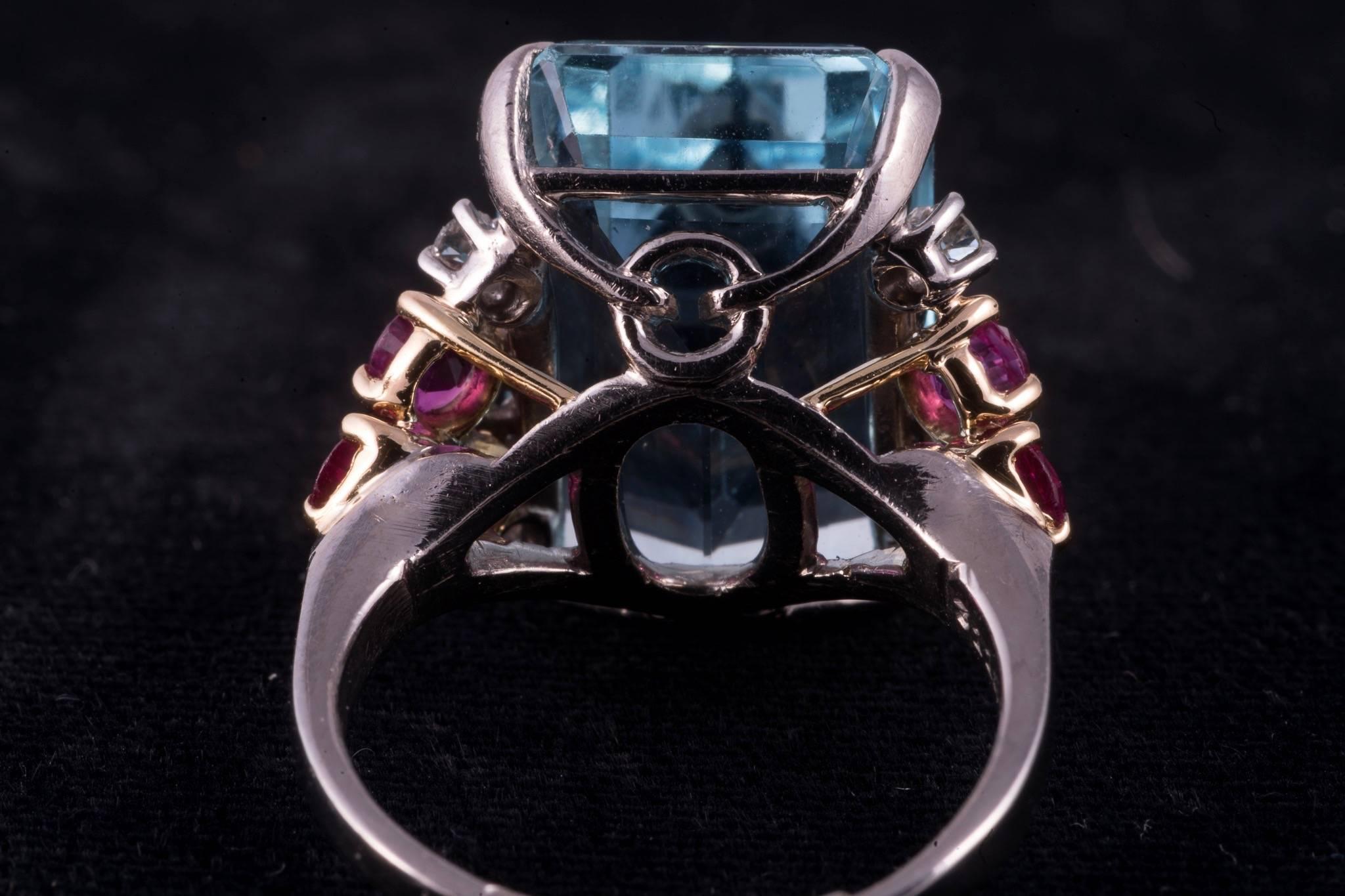 Retro Beautiful Aquamarine and Ruby and Diamond Ring