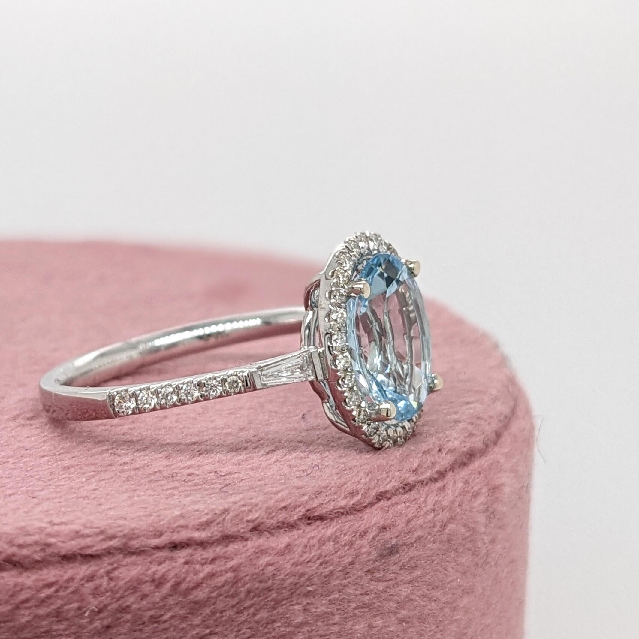 Oval Cut Beautiful Aquamarine Ring in Solid 14K White Gold with a Halo of Natural Diamond