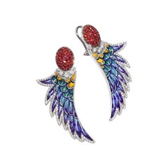 Stylish Earrings White Gold White Diamonds Sapphires Hand Decorated Micromosaic
