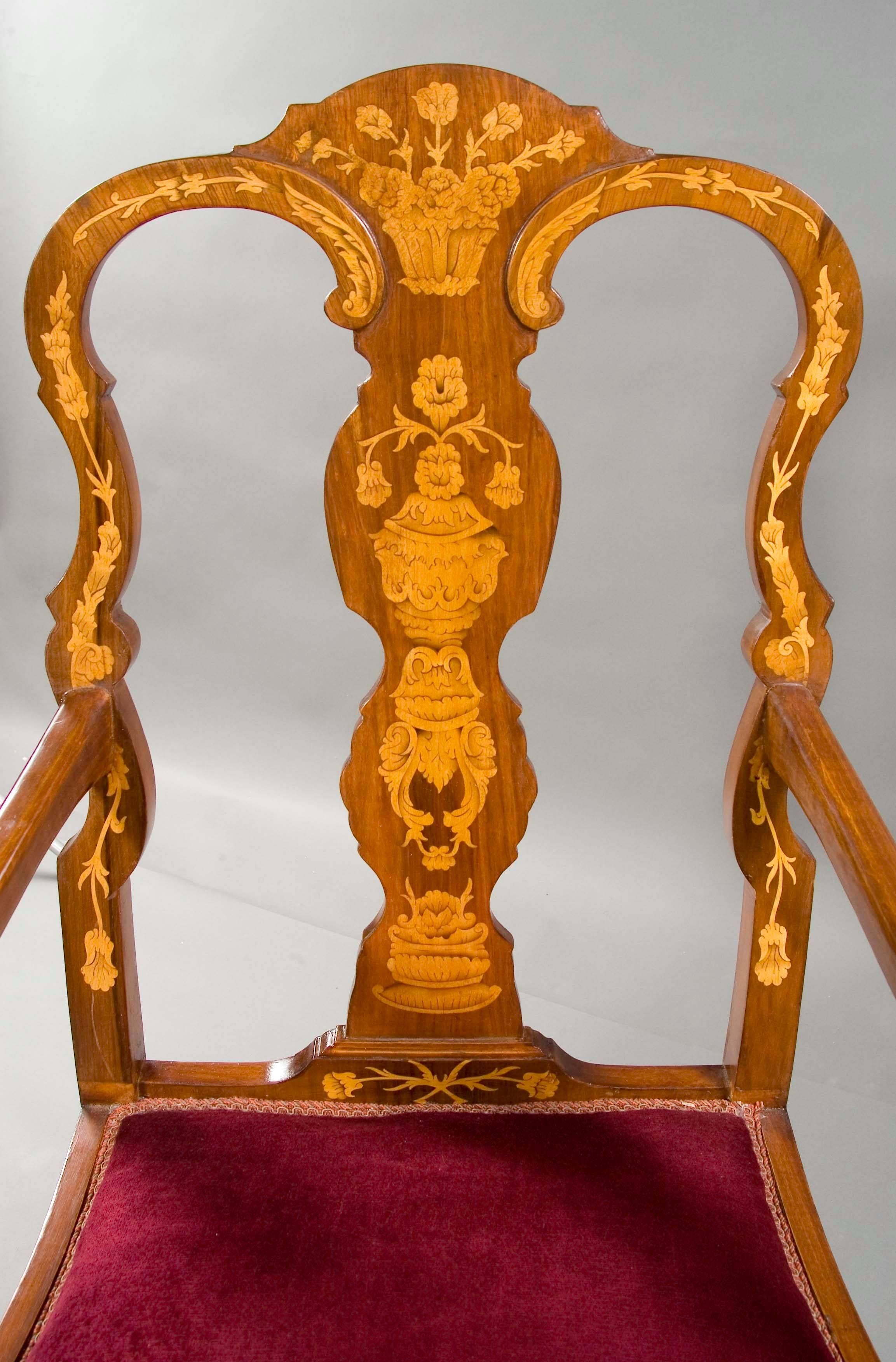 Mahogany on solid beechwood. Trapezoidal profile frame on strongly curved, so-called Cabriole legs with applied acanthus ending in plastically carved claw feet, connected by wide bridge. High bent supports for suitably curved armrests. High-backed