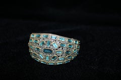 Beautiful  Art Deco Blue Topaz Bangle Bracelet in 925 Silver & Over 18K Gold