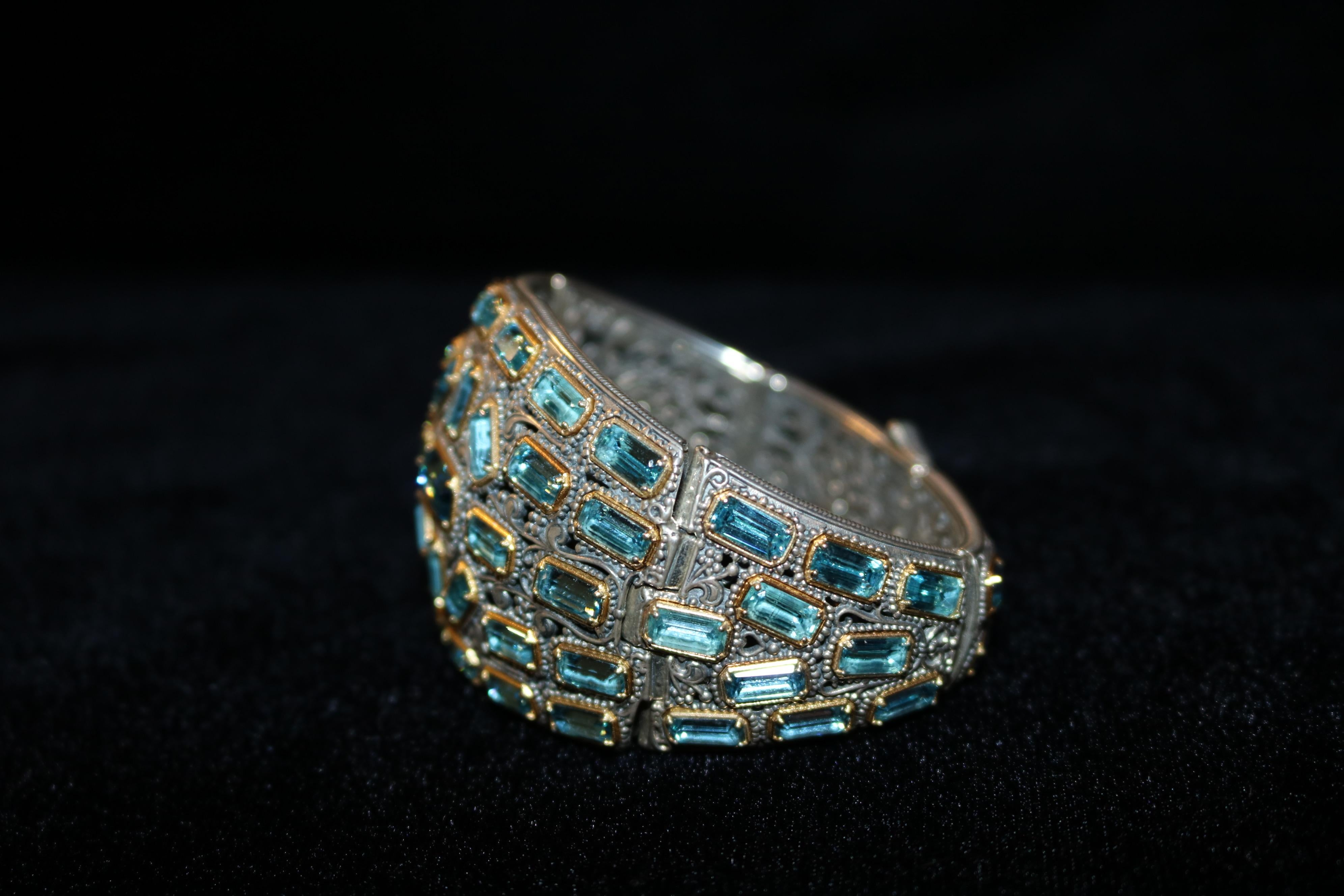 Emerald Cut Beautiful  Art Deco Blue Topaz Bangle Bracelet in 925 Silver & Over 18K Gold For Sale