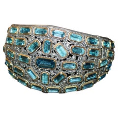 Beautiful  Art Deco Blue Topaz Bangle Bracelet in 925 Silver & Over 18K Gold