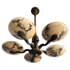 Beautiful Art Deco Bronze Chandelier with Striking Alabaster Like Glass Shades