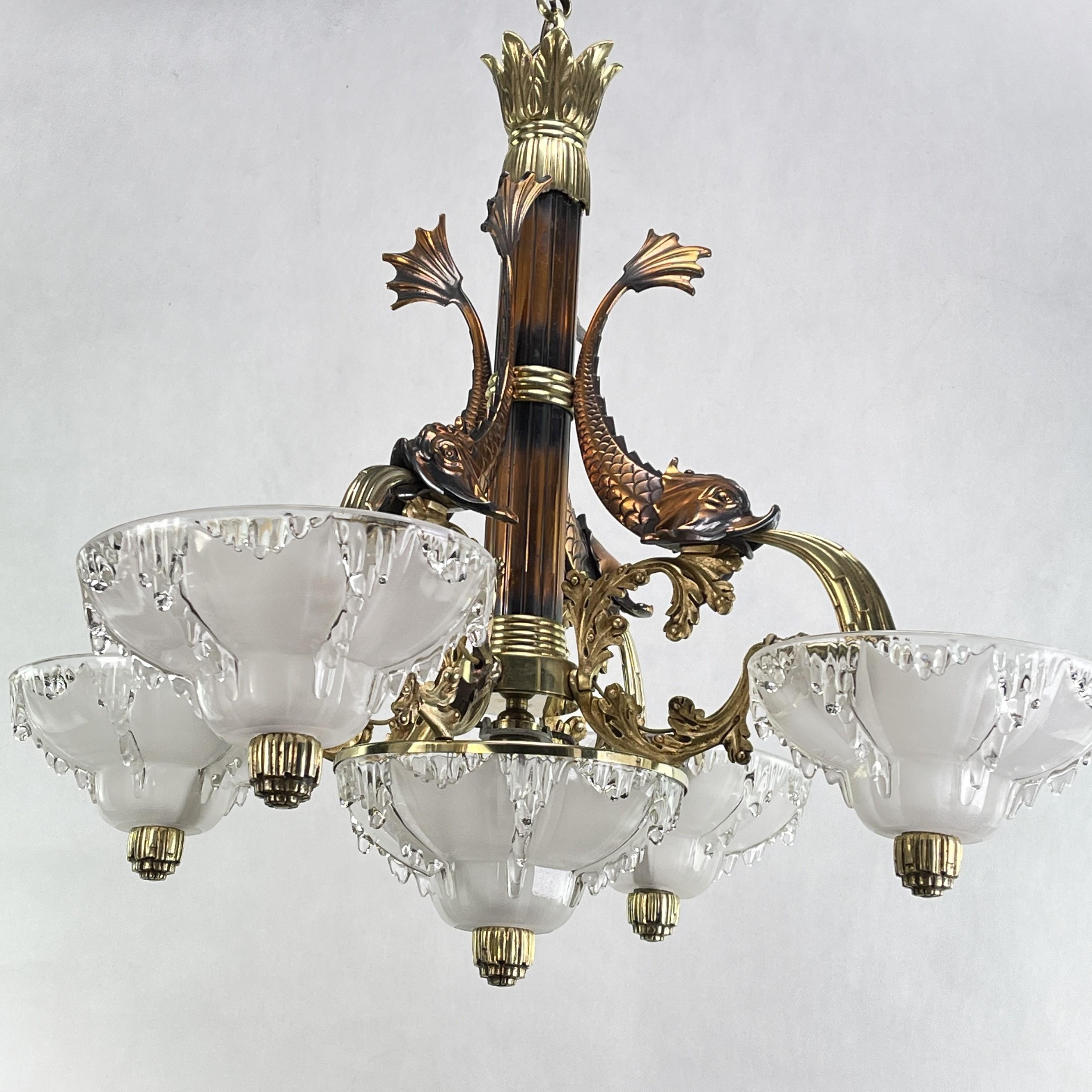 Beautiful Art Deco Chandelier Hanging Lamp Signed M.P.,  Petitot, 1920s For Sale 6
