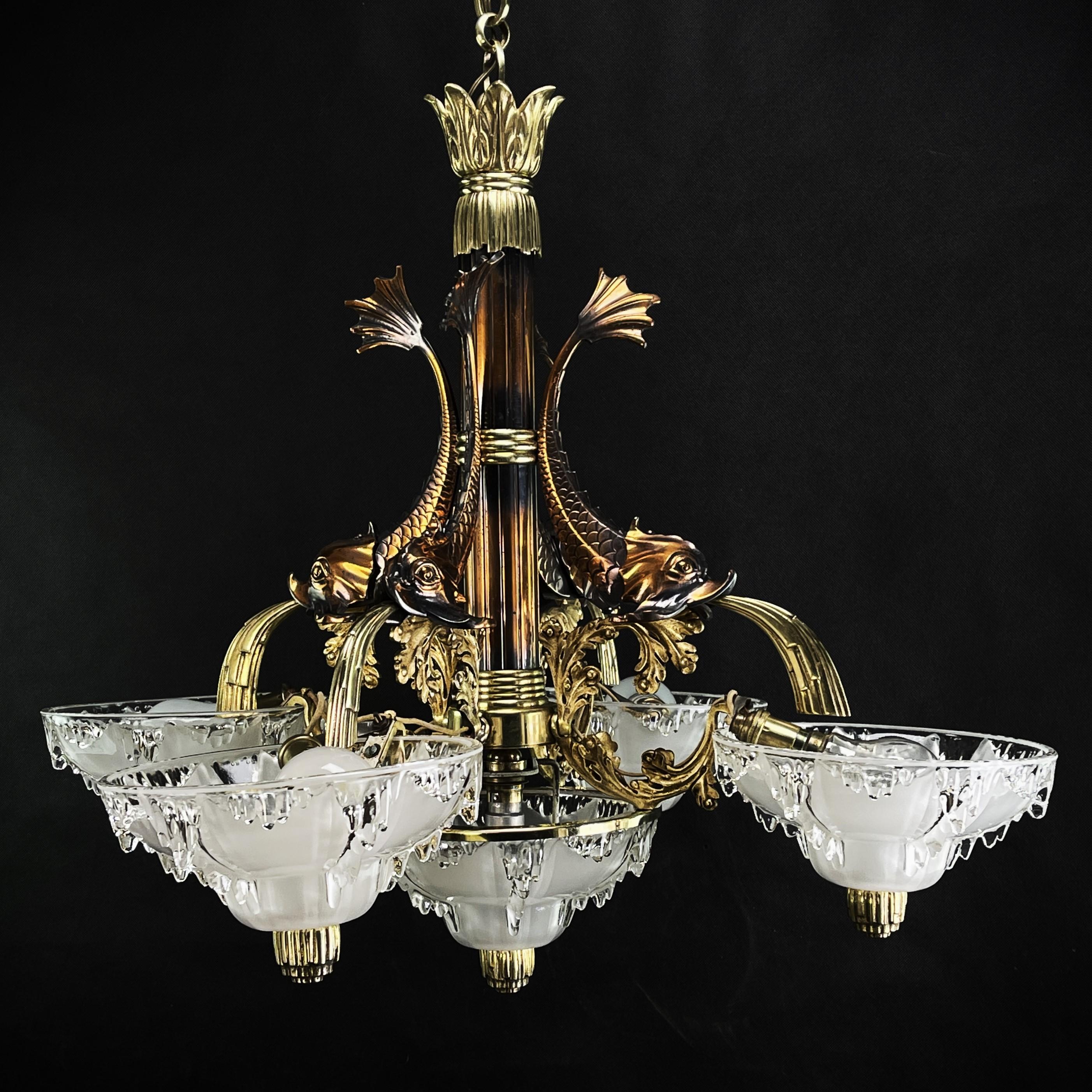French Beautiful Art Deco Chandelier Hanging Lamp Signed M.P.,  Petitot, 1920s For Sale