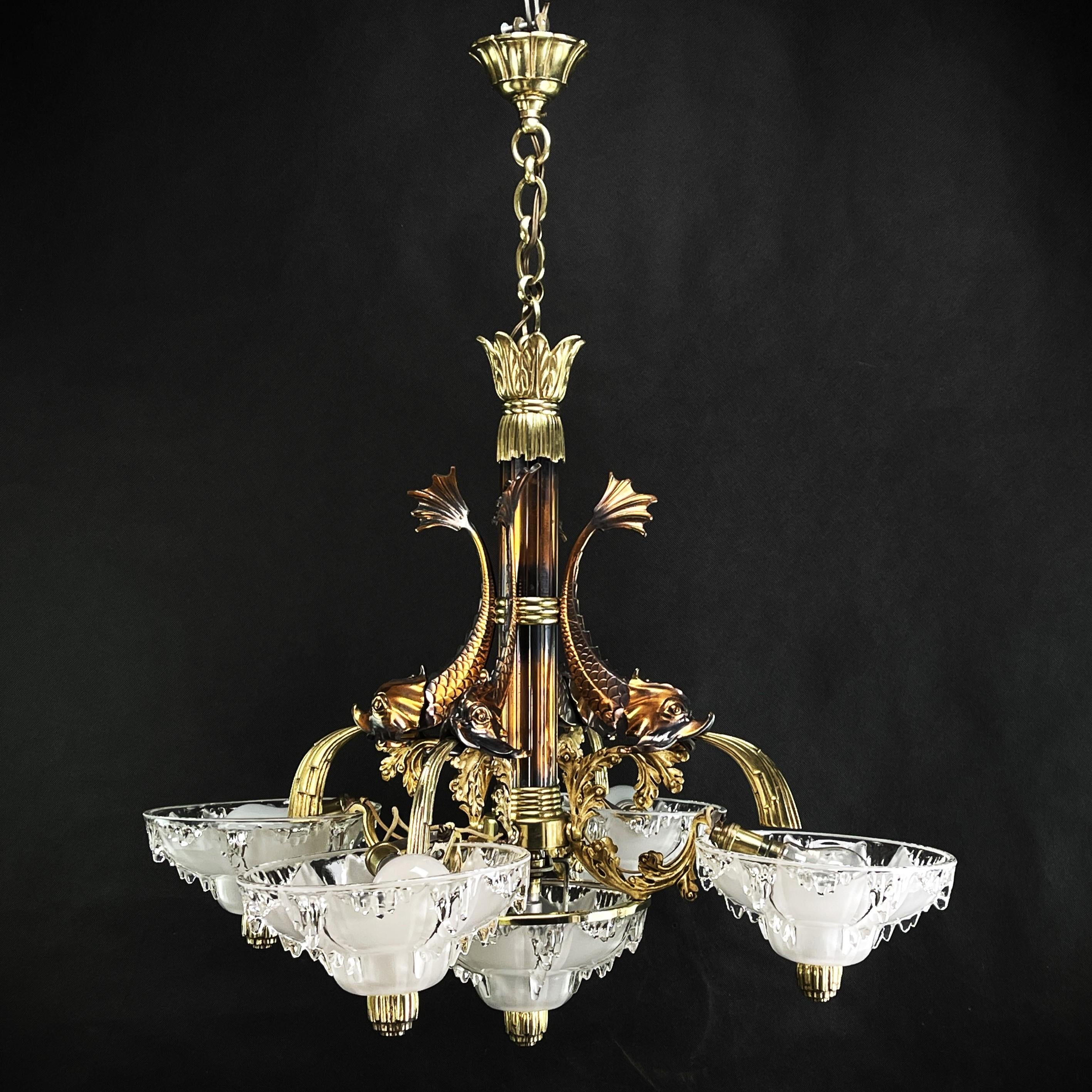 Early 20th Century Beautiful Art Deco Chandelier Hanging Lamp Signed M.P.,  Petitot, 1920s For Sale