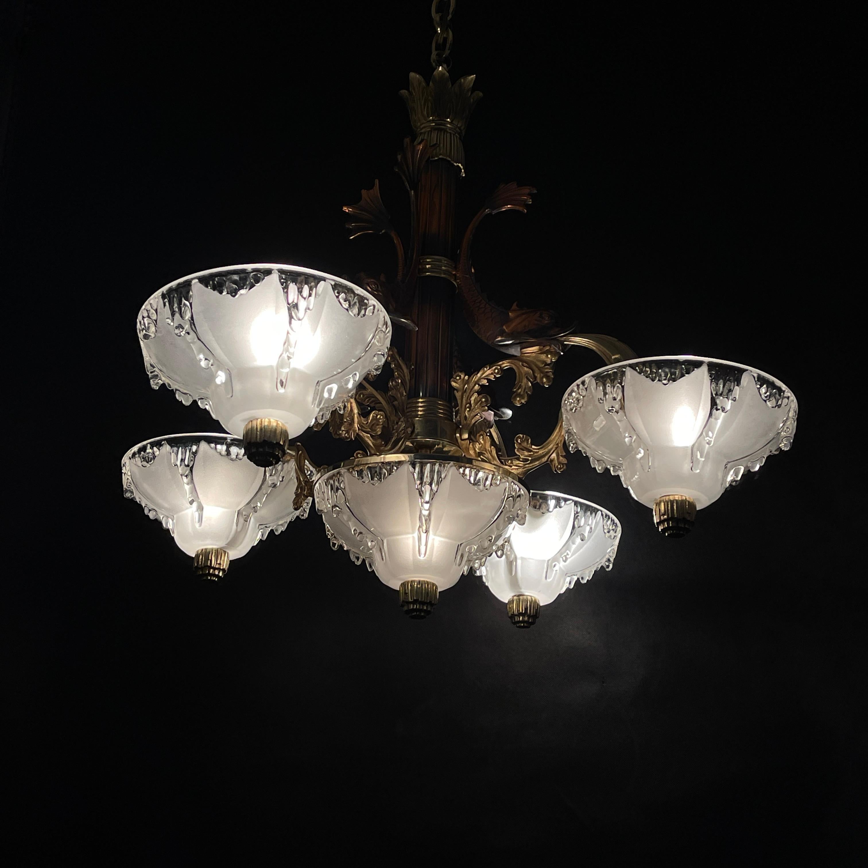 Beautiful Art Deco Chandelier Hanging Lamp Signed M.P.,  Petitot, 1920s For Sale 1
