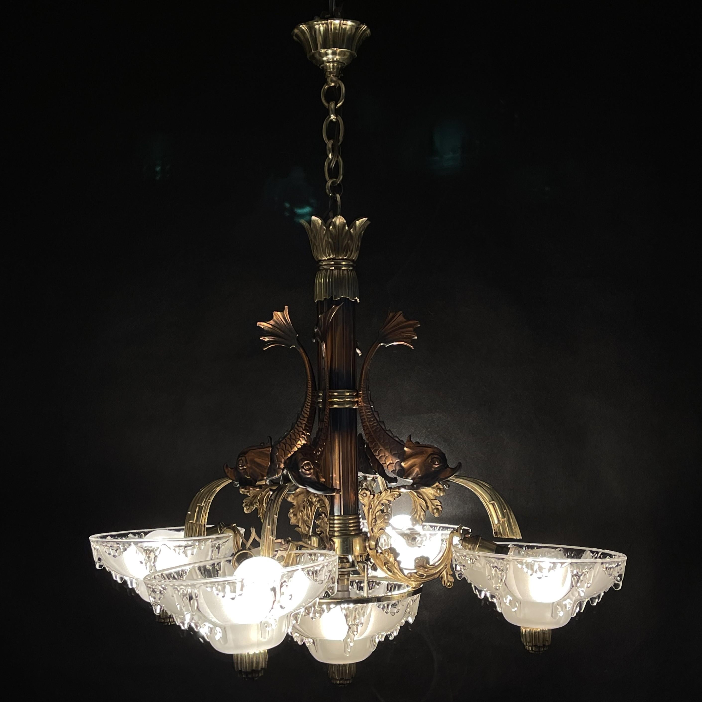 Beautiful Art Deco Chandelier Hanging Lamp Signed M.P.,  Petitot, 1920s For Sale 3