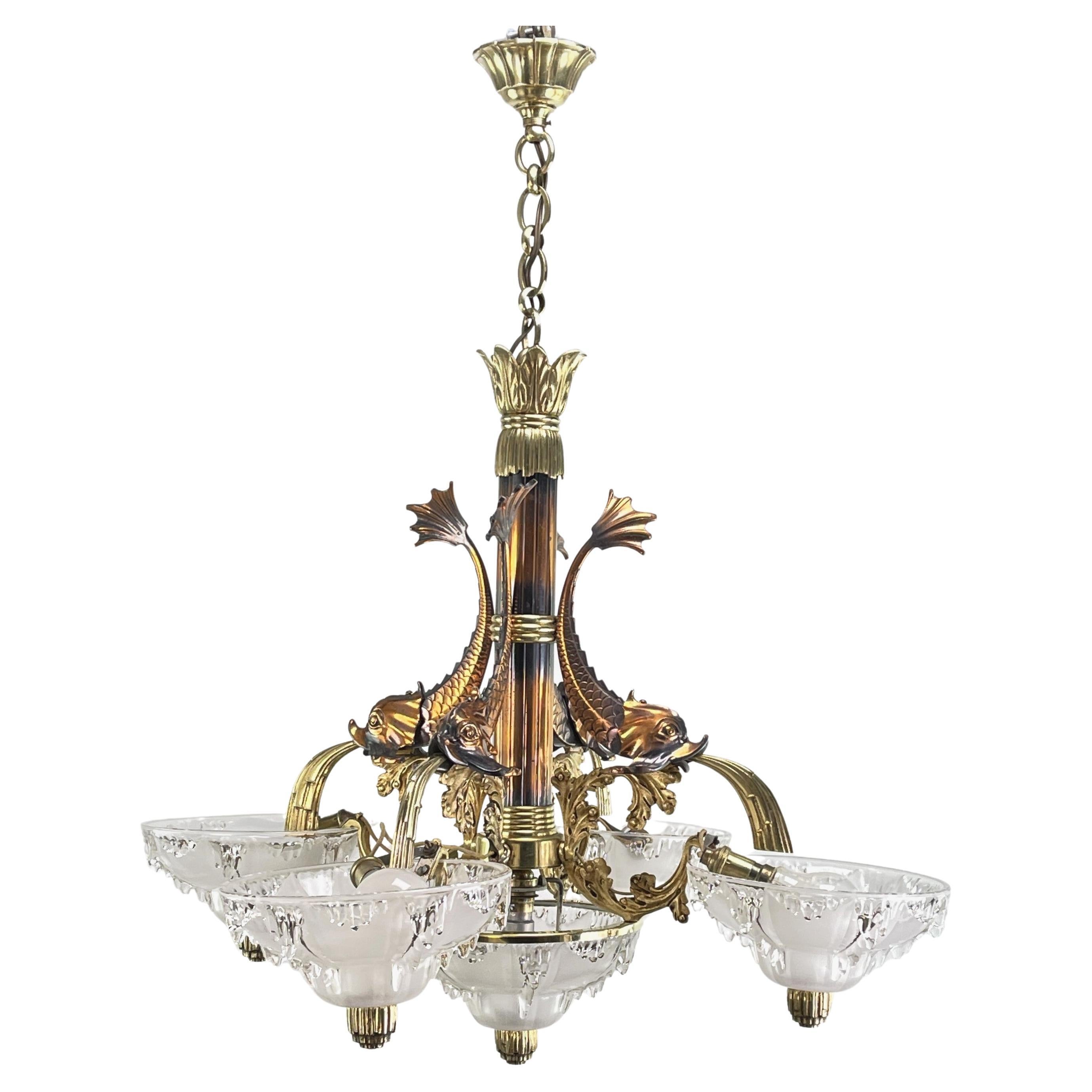 Beautiful Art Deco Chandelier Hanging Lamp Signed M.P.,  Petitot, 1920s For Sale