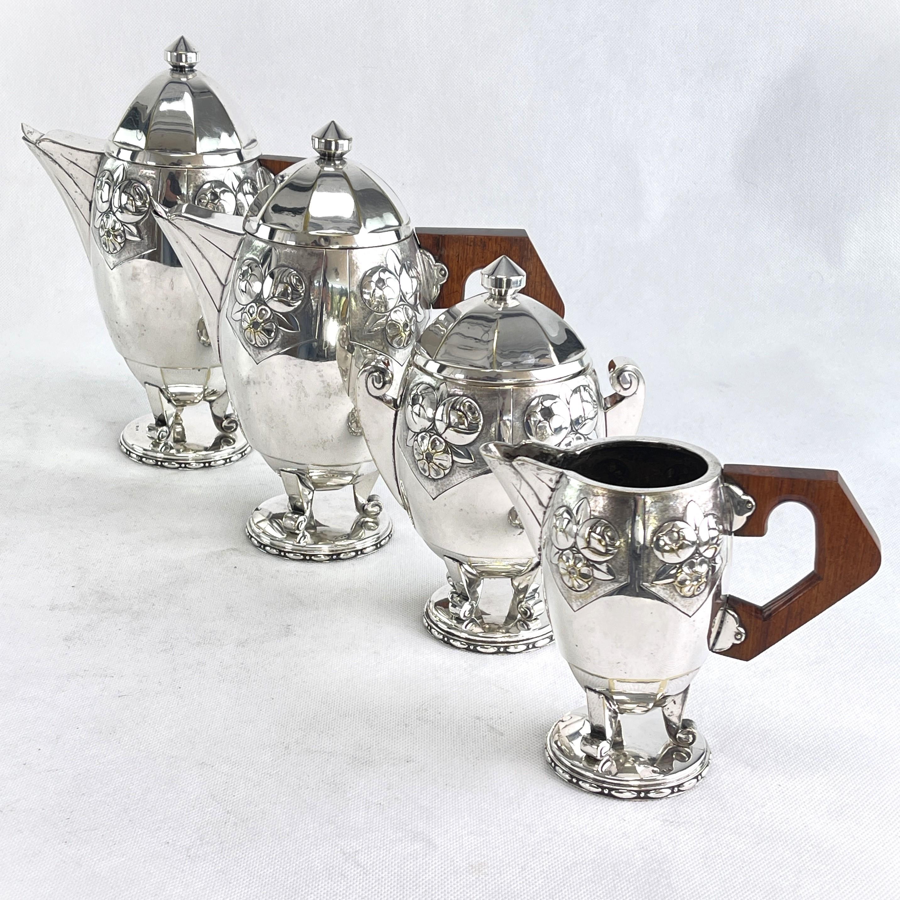 French Beautiful ART DECO coffee set tea set signed RameLPa silver plated For Sale