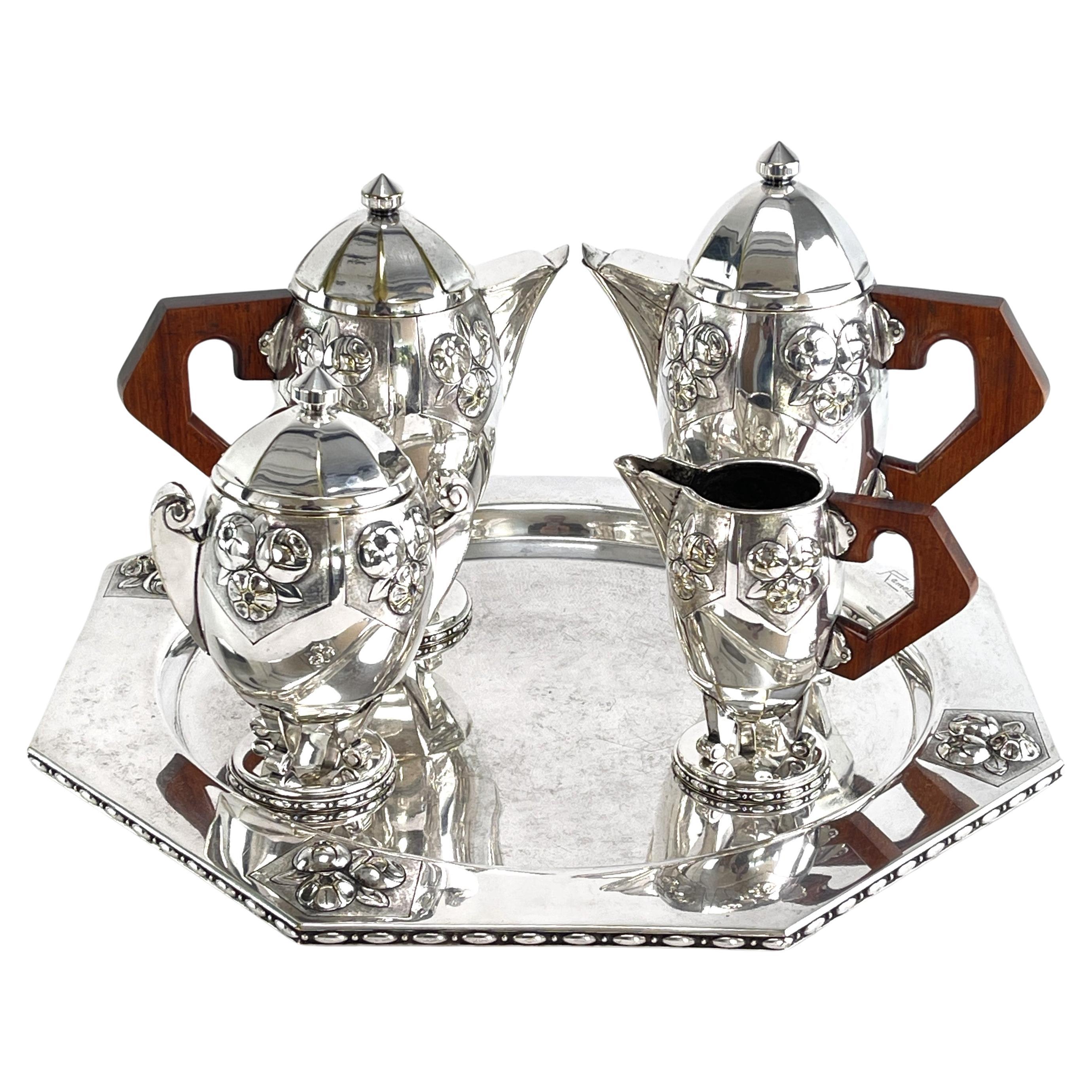 Beautiful ART DECO coffee set tea set signed RameLPa silver plated For Sale