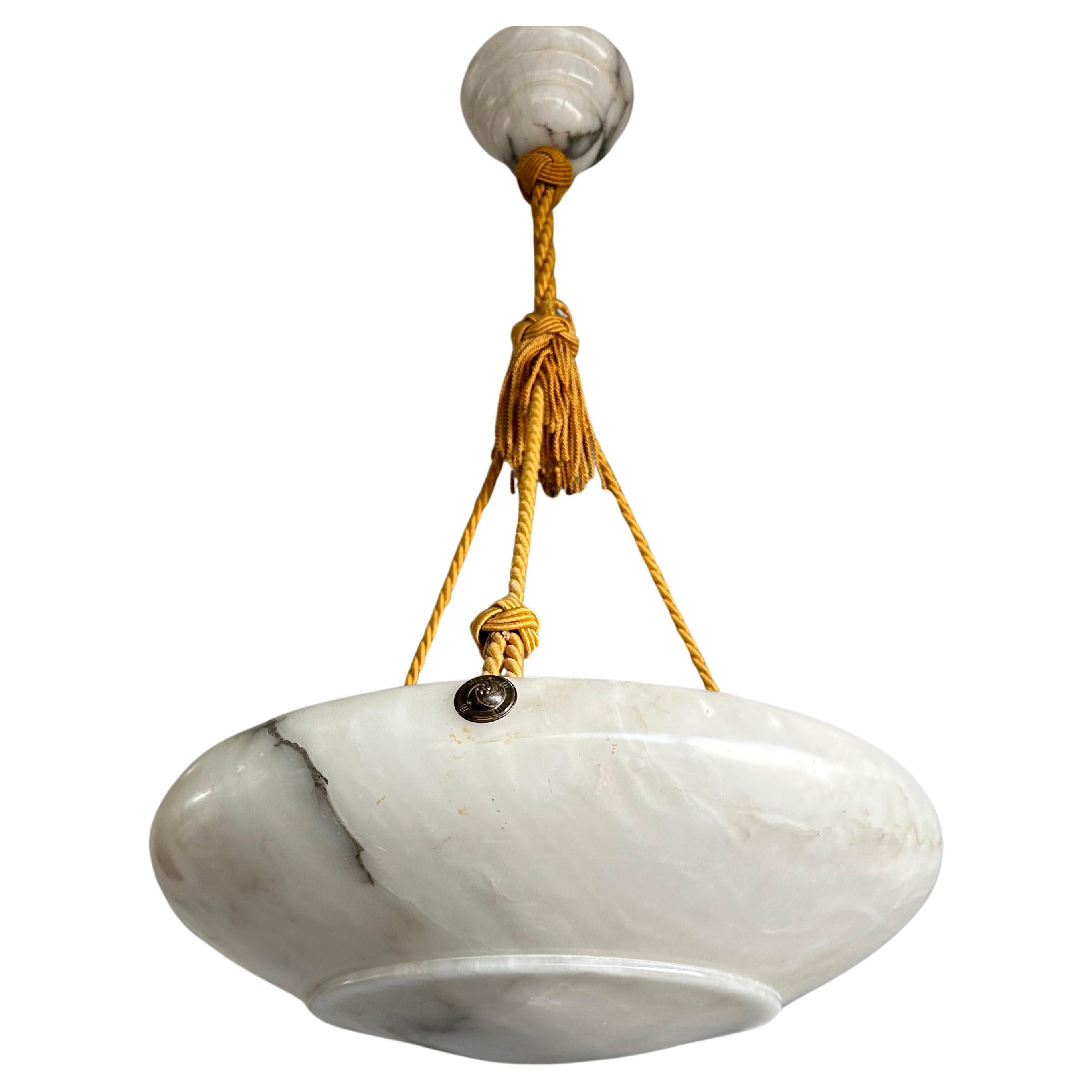 Art Deco & Timless Design Antique Alabaster Pendant w. Perfect Alabaster Canopy For Sale