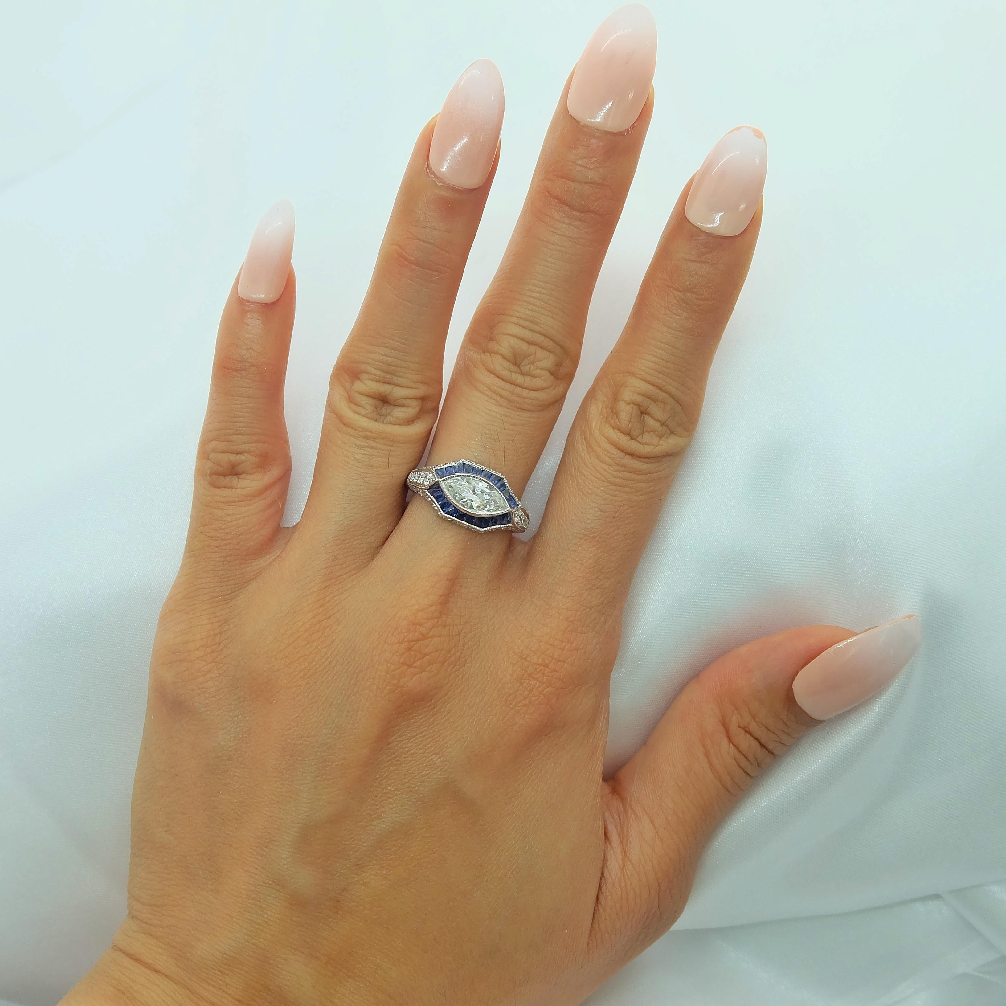 Marquise Cut Sophia D. Blue Sapphire & Diamond Art Deco Style Platinum Ring For Sale