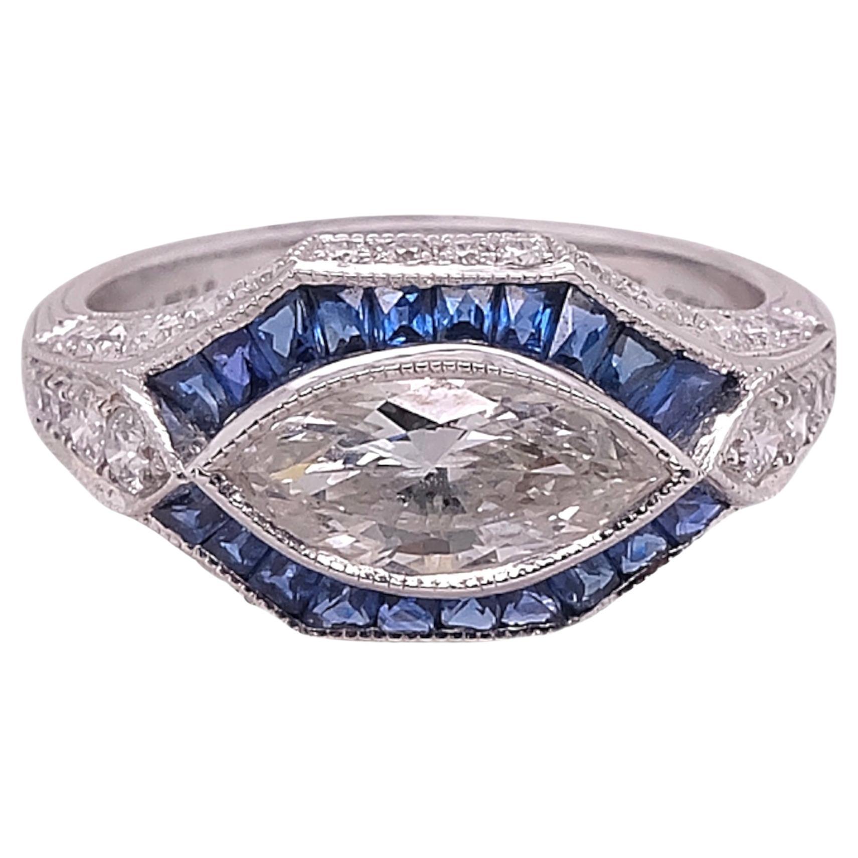 Sophia D. Blue Sapphire & Diamond Art Deco Style Platinum Ring For Sale