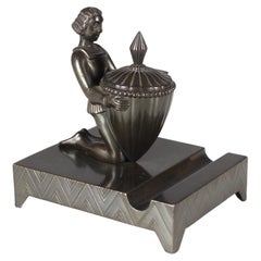 Französisches Art déco-Tintenfass, Polierte Bronze, Bleistifttablett, Schreibtischtablett