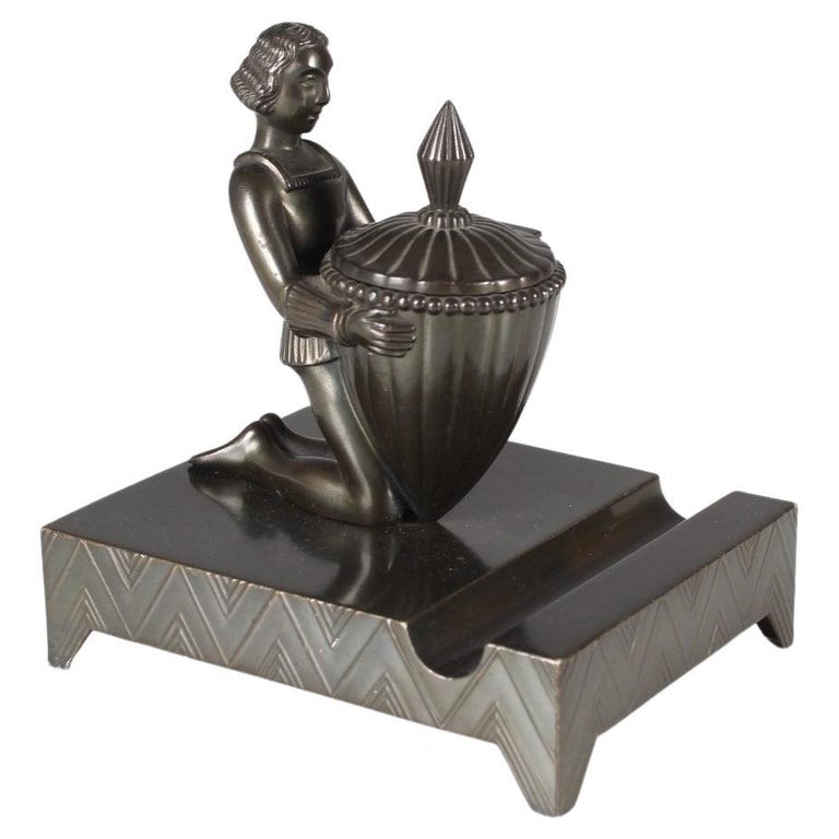 French Art Deco Inkwell, Polished Bronze, Pencil Tray, Desk Tray For