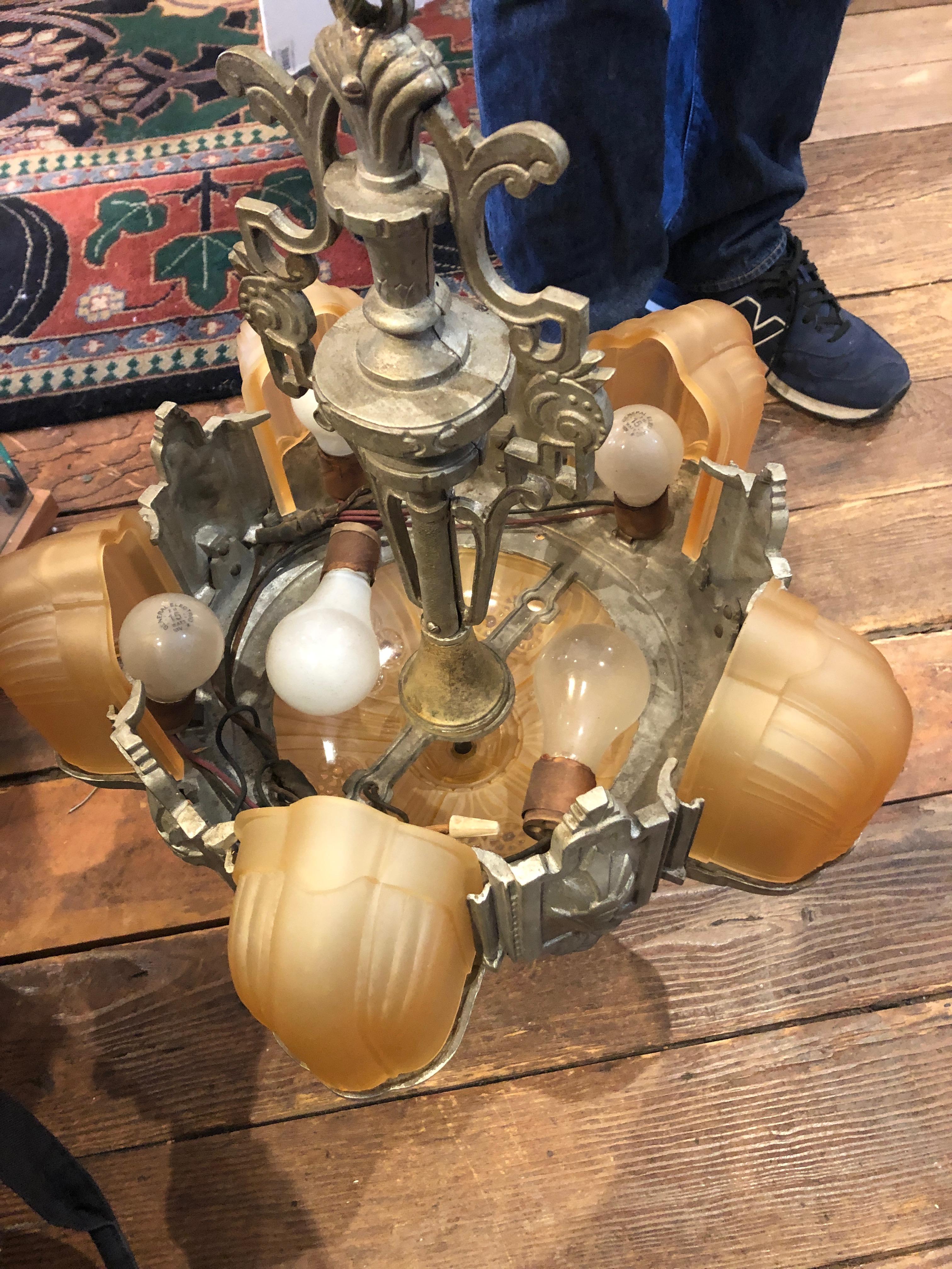 Beautiful Art Deco Metal and Gold Frosted Glass Chandelier For Sale 5