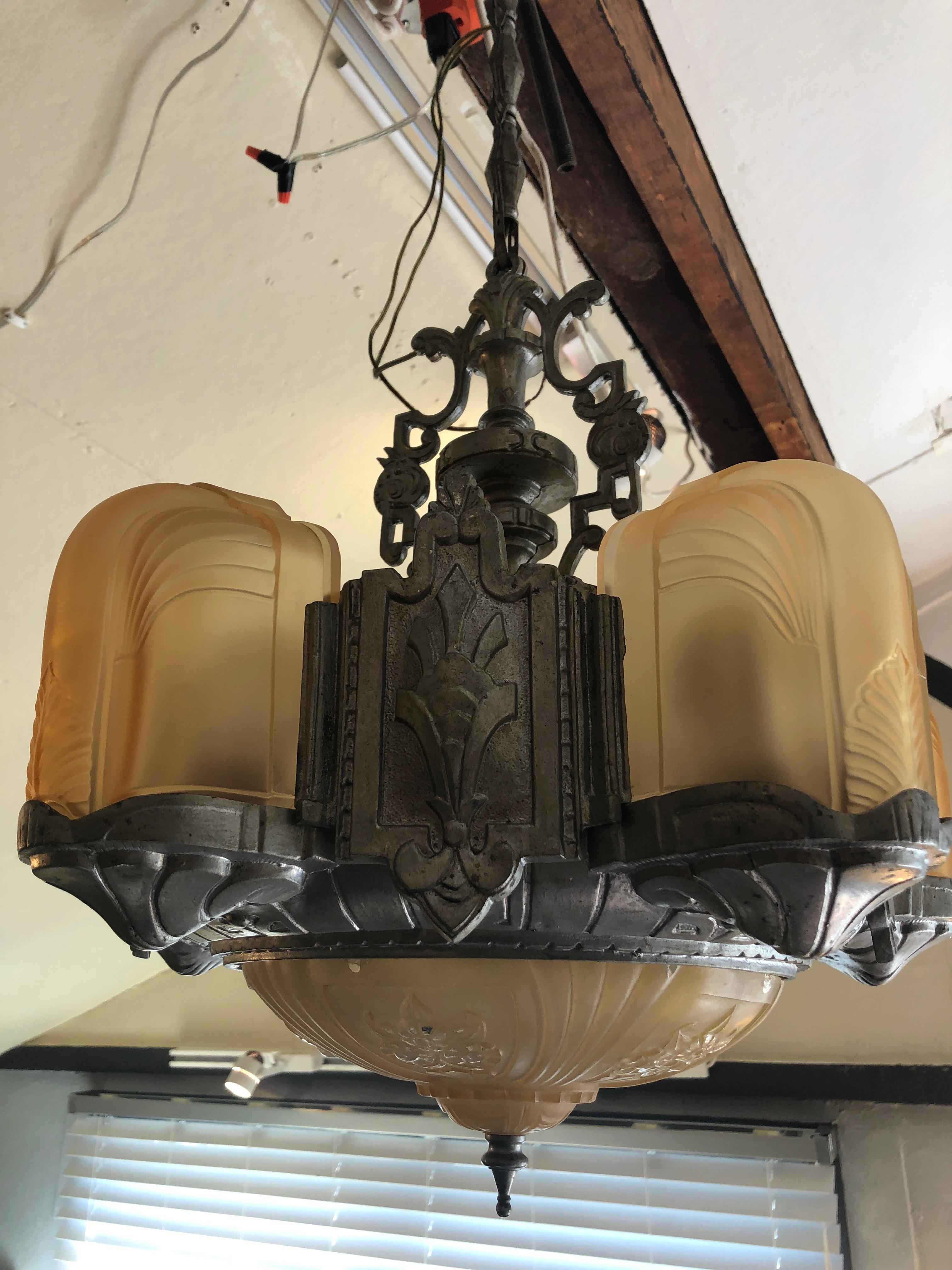 French Beautiful Art Deco Metal and Gold Frosted Glass Chandelier For Sale