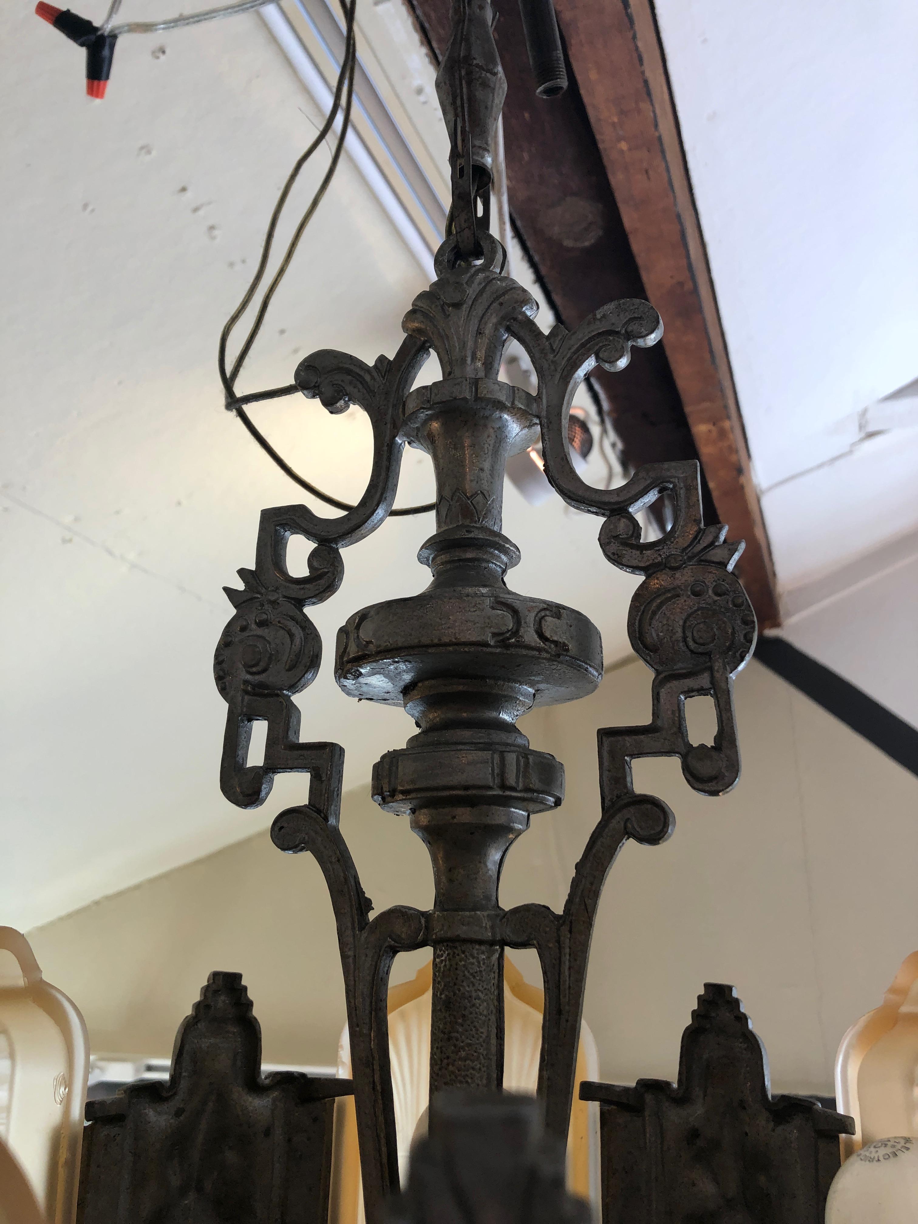 Beautiful Art Deco Metal and Gold Frosted Glass Chandelier For Sale 2