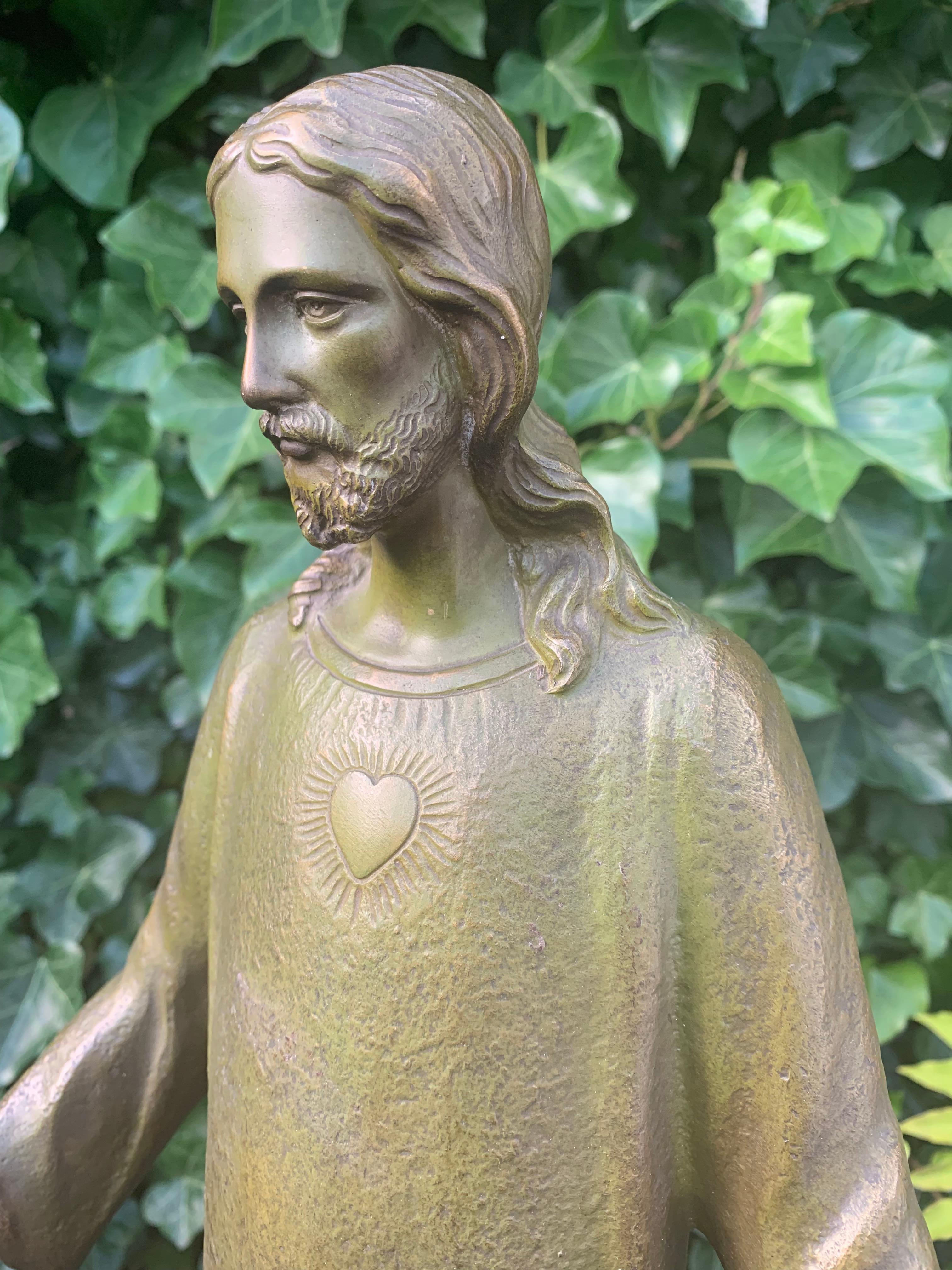 Large & Wonderful Antique Bronze Sacred Heart of Christ Sculpture on Marble Base For Sale 9