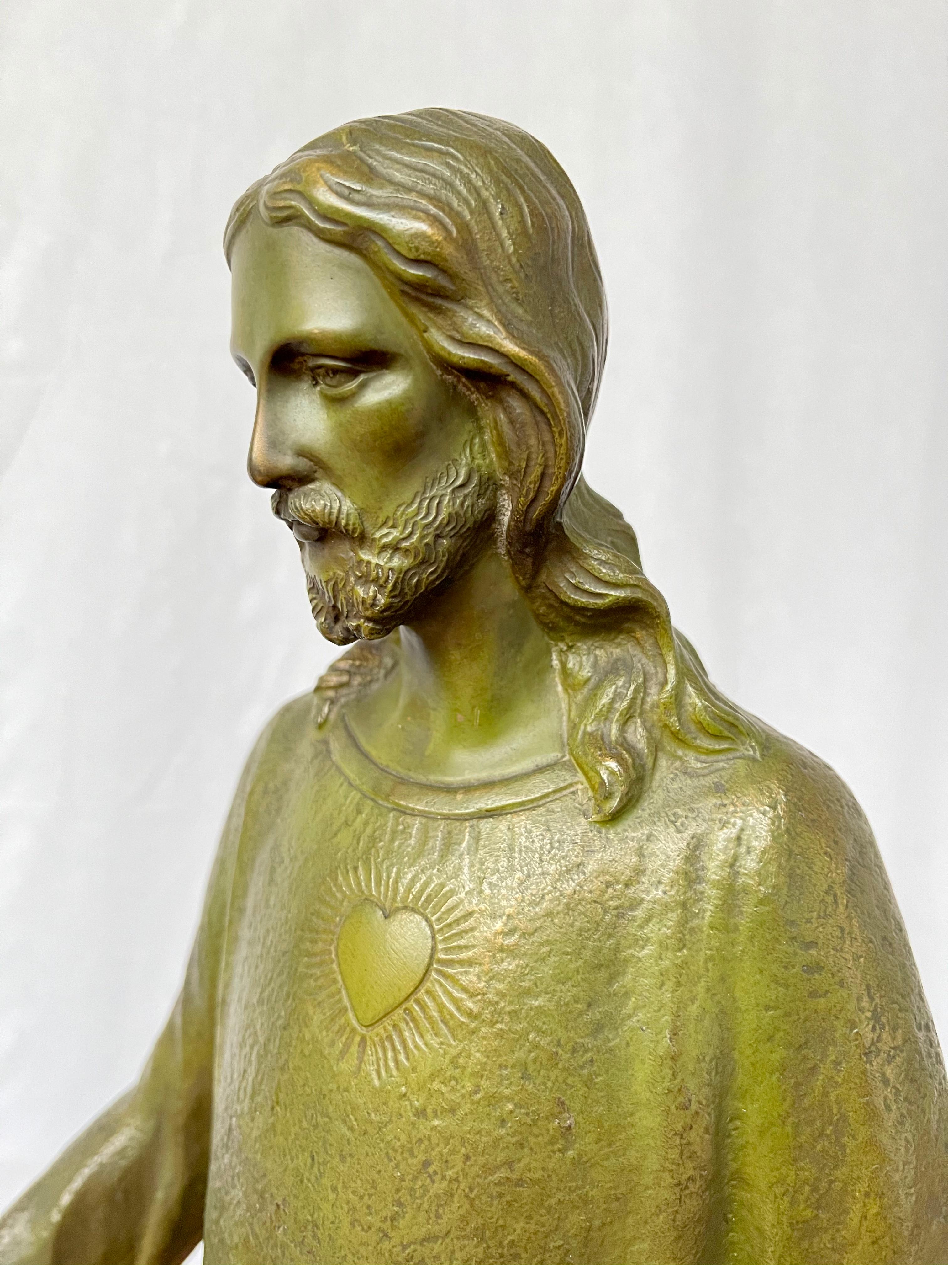 Art Deco Large & Wonderful Antique Bronze Sacred Heart of Christ Sculpture on Marble Base For Sale