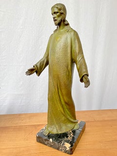 Large & Wonderful Antique Bronze Sacred Heart of Christ Sculpture on Marble Base