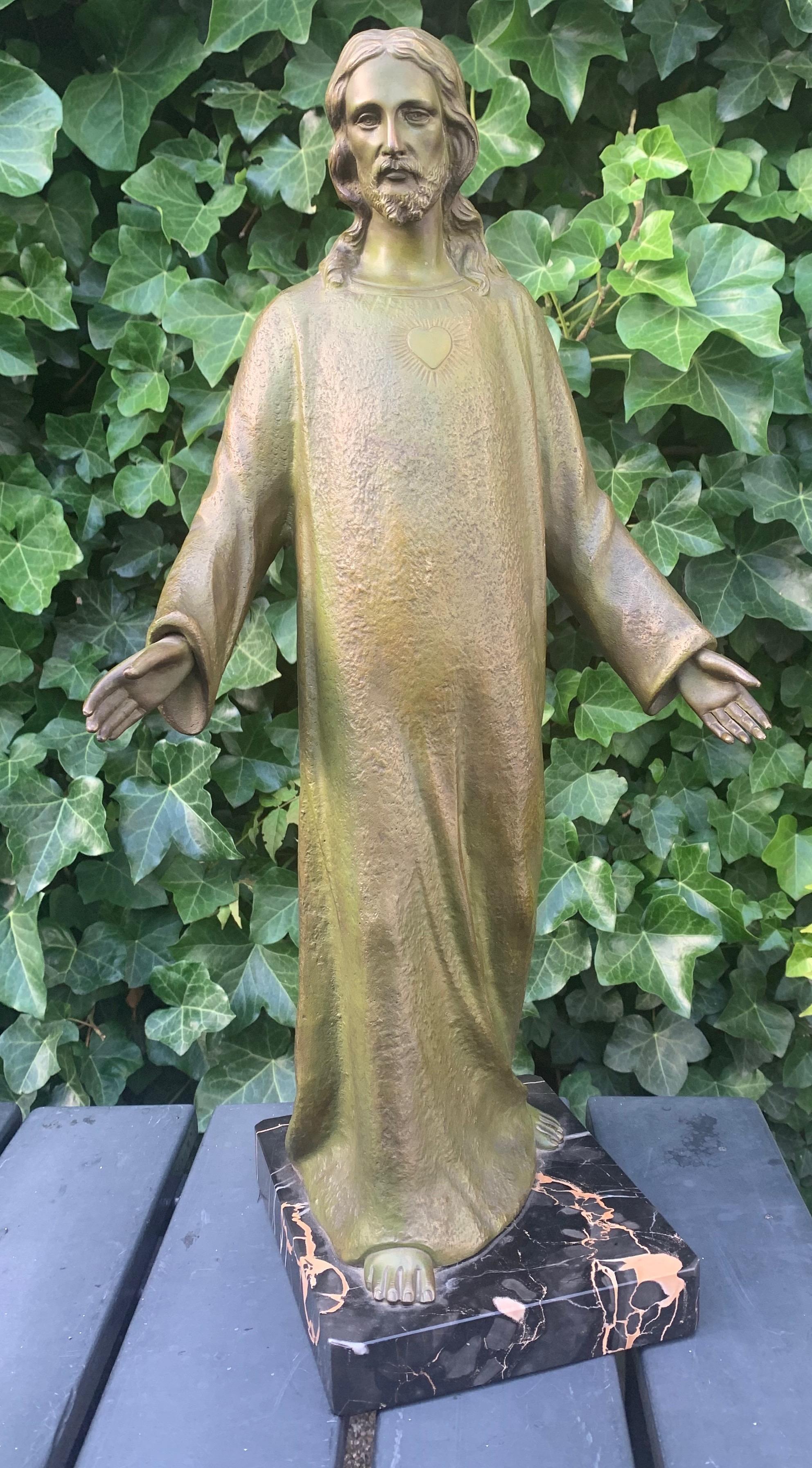 European Large & Wonderful Antique Bronze Sacred Heart of Christ Sculpture on Marble Base For Sale