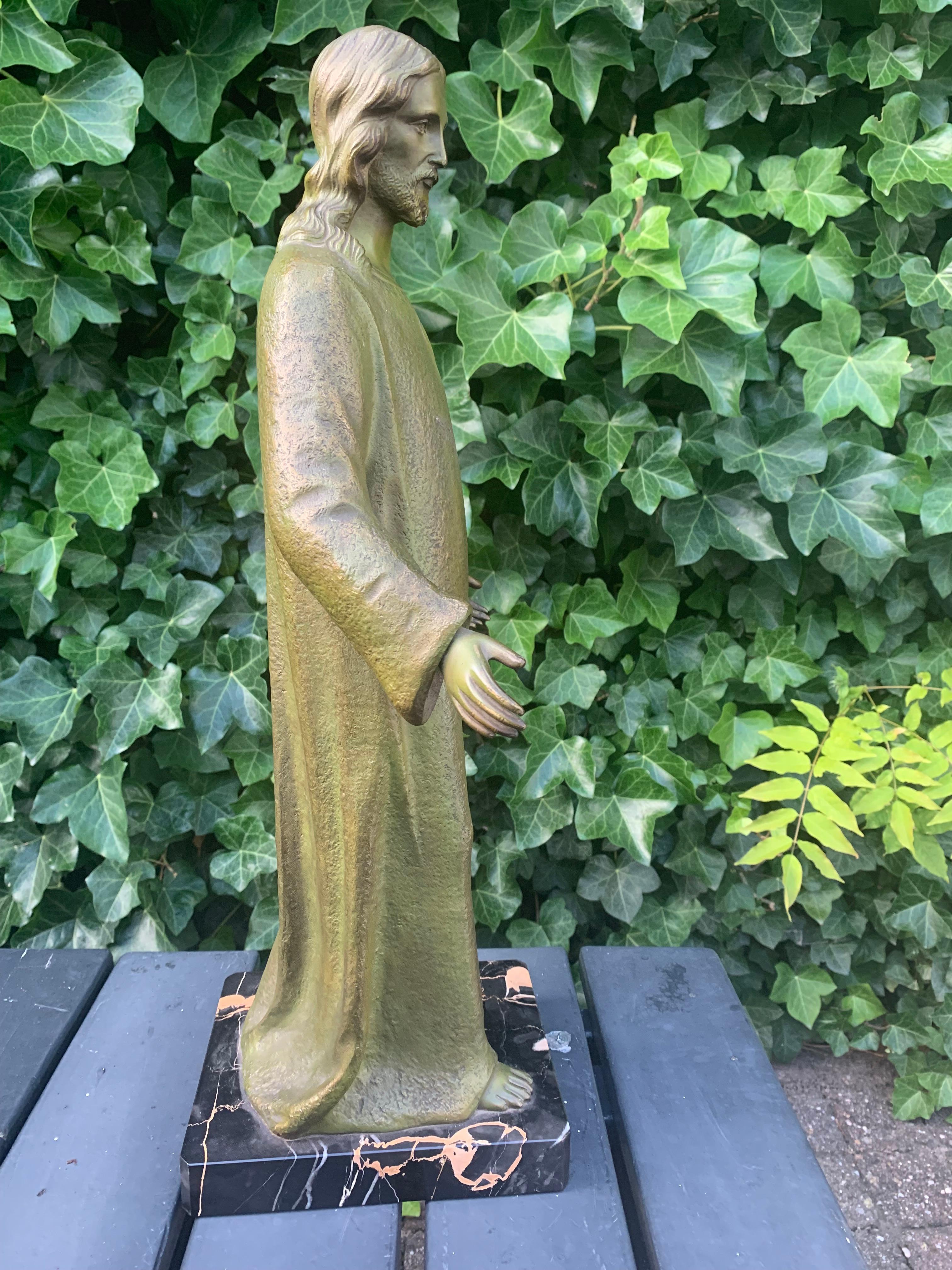 Large & Wonderful Antique Bronze Sacred Heart of Christ Sculpture on Marble Base In Excellent Condition For Sale In Lisse, NL