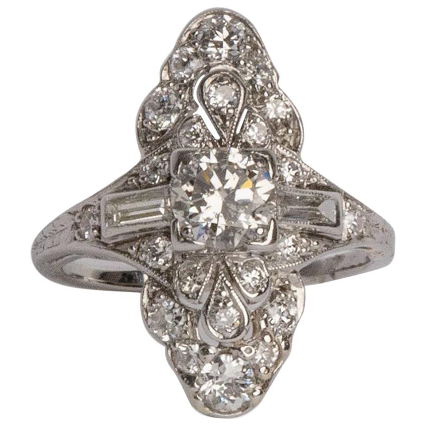 Beautiful Art Deco Platinum Aprox 1/2 Carat Center Diamond Filigree Shield Ring