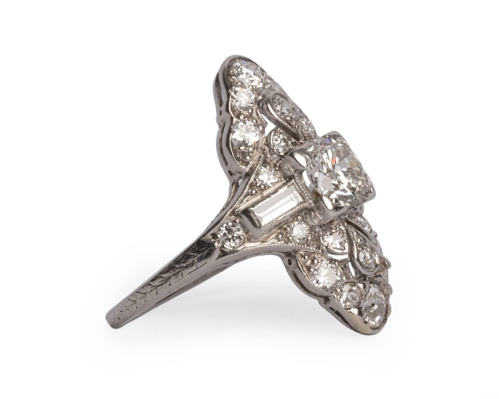 Beautiful Art Deco Platinum Aprox 1/2 Carat Center Diamond Filigree Shield Ring In Good Condition In Addison, TX