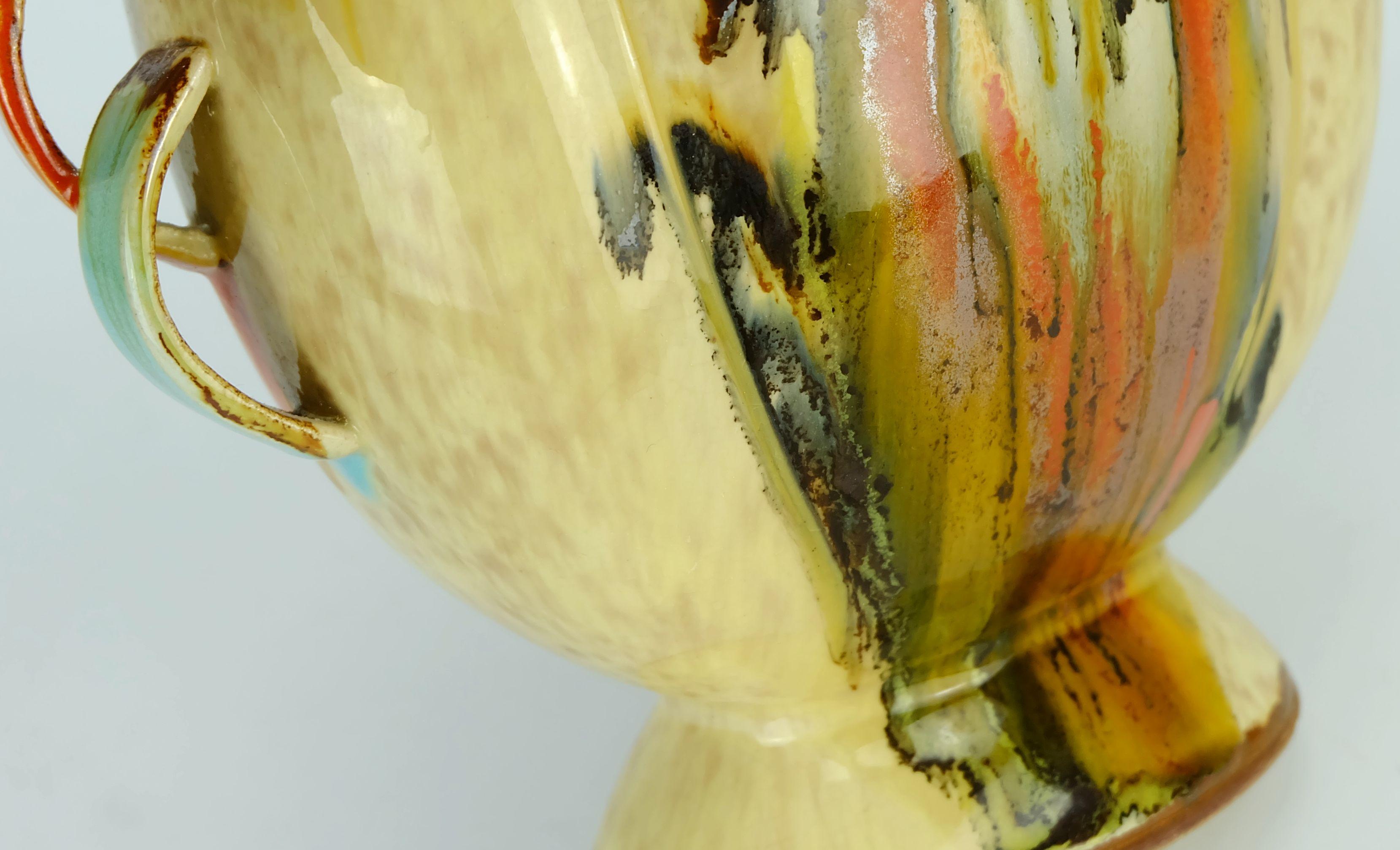schöne art déco VASE 1930er Keramik Dumler Breiden Tropfglasur Doppelgriff im Angebot 2