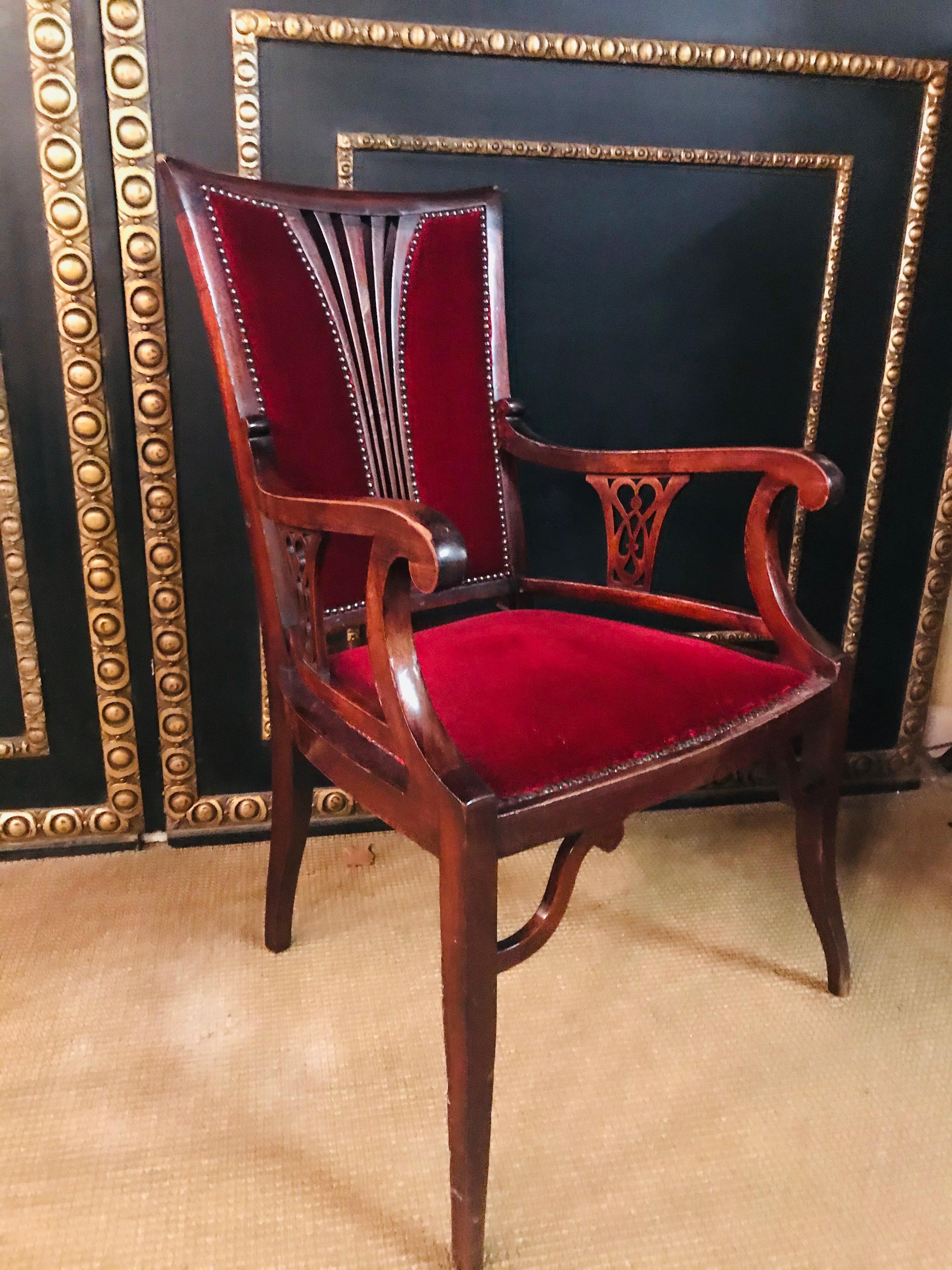 Beautiful antique red Art Nouveau or Jugendstil 20th Century Armchair mahogany  1