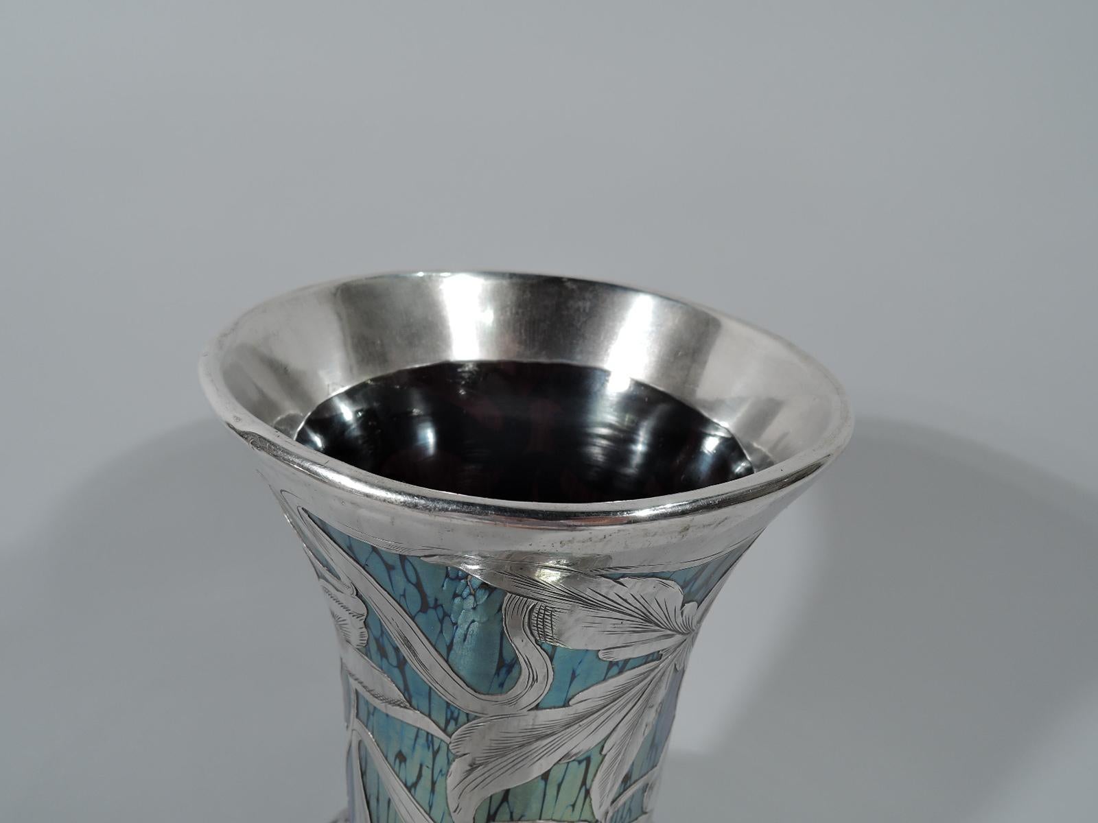 Czech Beautiful Art Nouveau Loetz Iridescent Glass Vase with Silver Overlay