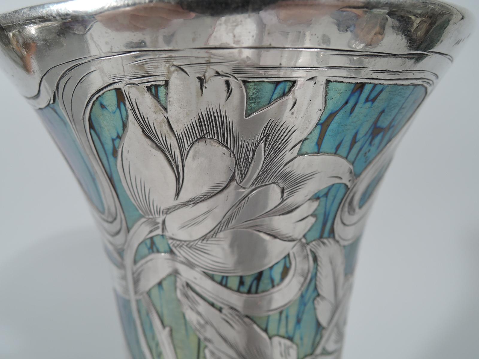 Beautiful Art Nouveau Loetz Iridescent Glass Vase with Silver Overlay In Excellent Condition In New York, NY