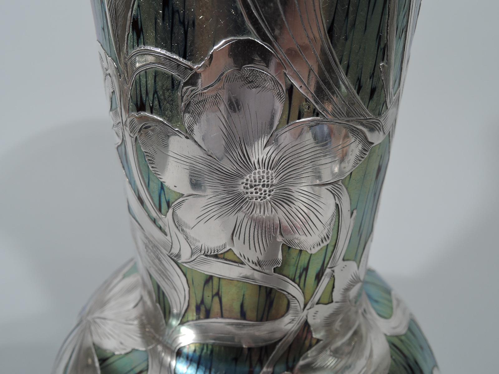 19th Century Beautiful Art Nouveau Loetz Iridescent Glass Vase with Silver Overlay