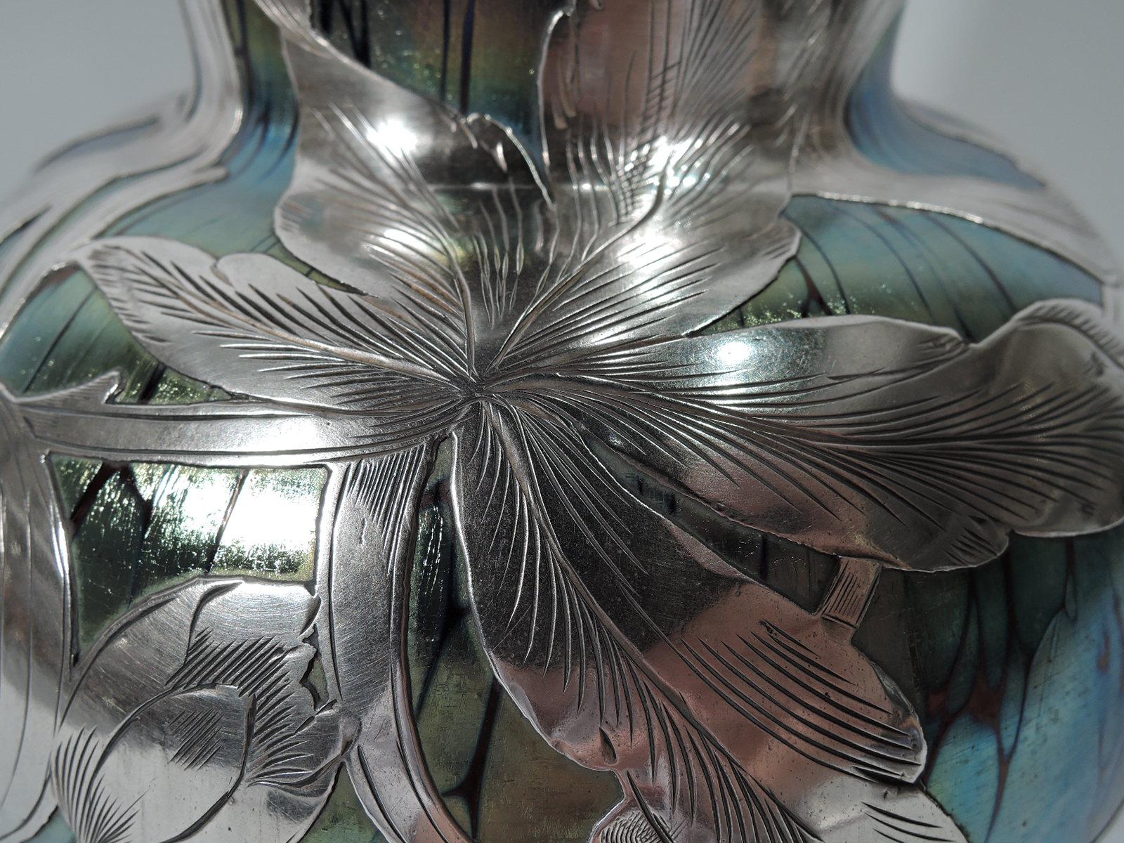 Beautiful Art Nouveau Loetz Iridescent Glass Vase with Silver Overlay 1