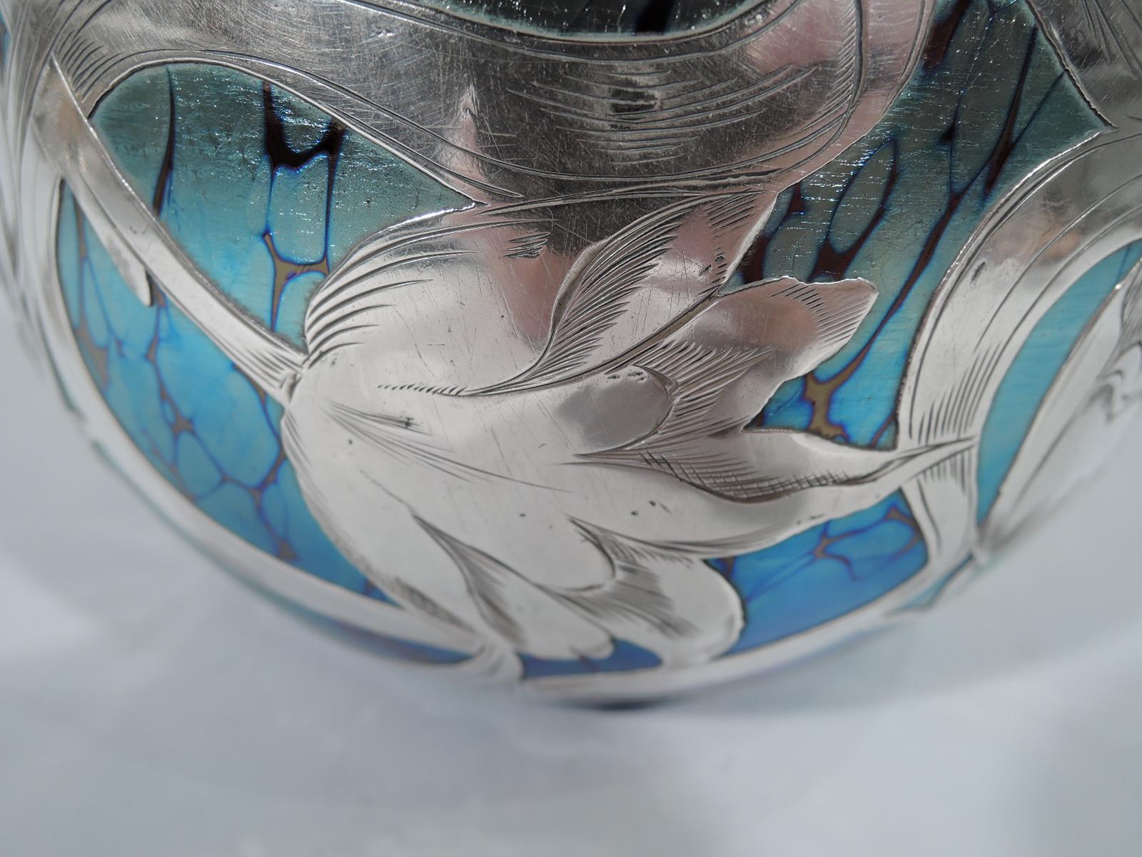Beautiful Art Nouveau Loetz Iridescent Glass Vase with Silver Overlay 2