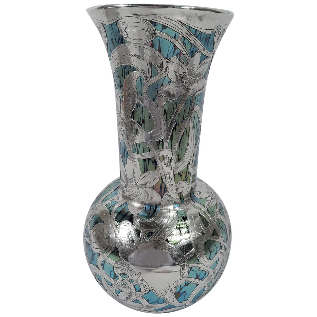 Beautiful Art Nouveau Loetz Iridescent Glass Vase with Silver Overlay