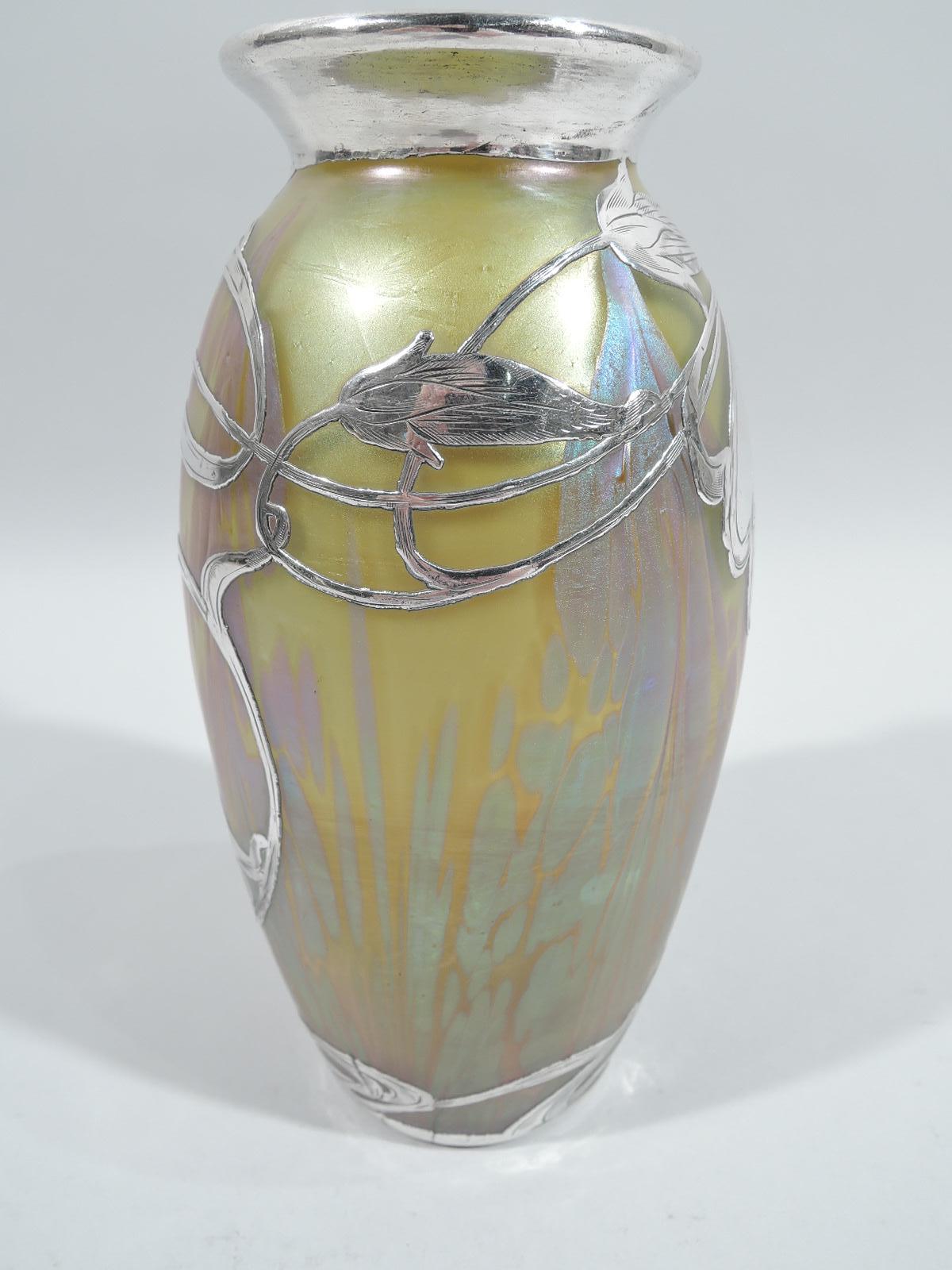 Austrian Beautiful Art Nouveau Loetz Medici Vase with Whiplash Silver Overlay
