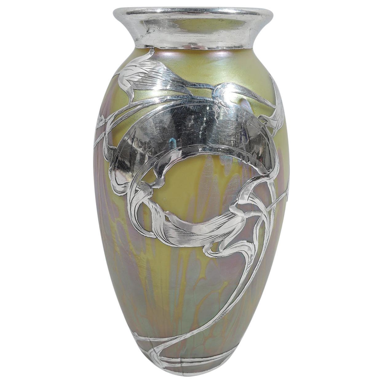 Beautiful Art Nouveau Loetz Medici Vase with Whiplash Silver Overlay