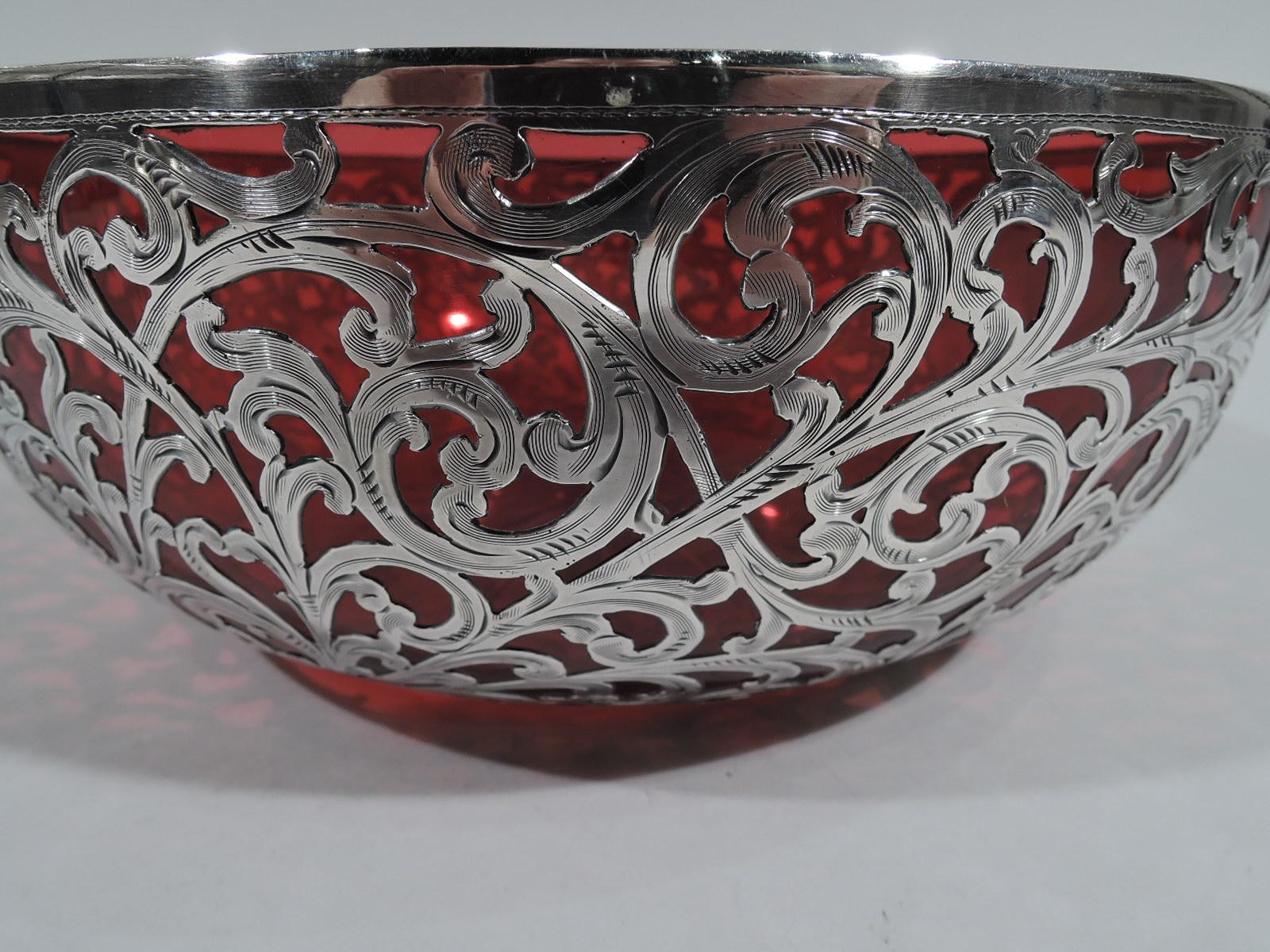 American Beautiful Art Nouveau Red Glass and Silver Overlay Bowl by Alvin