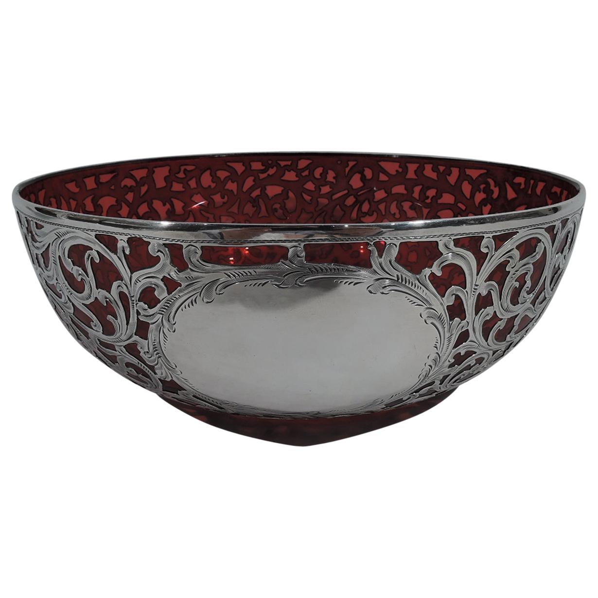 Beautiful Art Nouveau Red Glass and Silver Overlay Bowl by Alvin