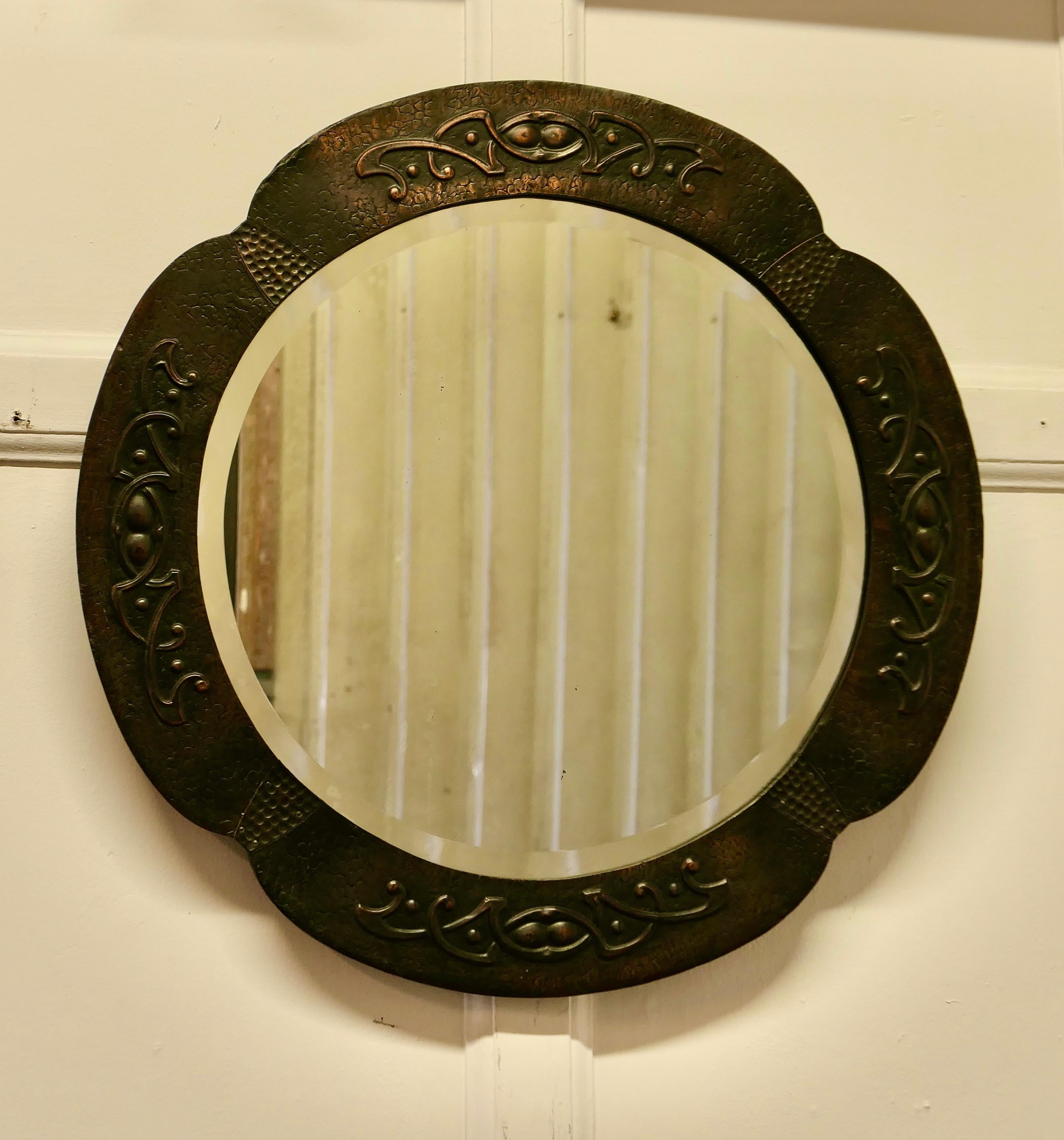 Arts and Crafts Beautiful Art Nouveau Round Copper Wall Mirror For Sale