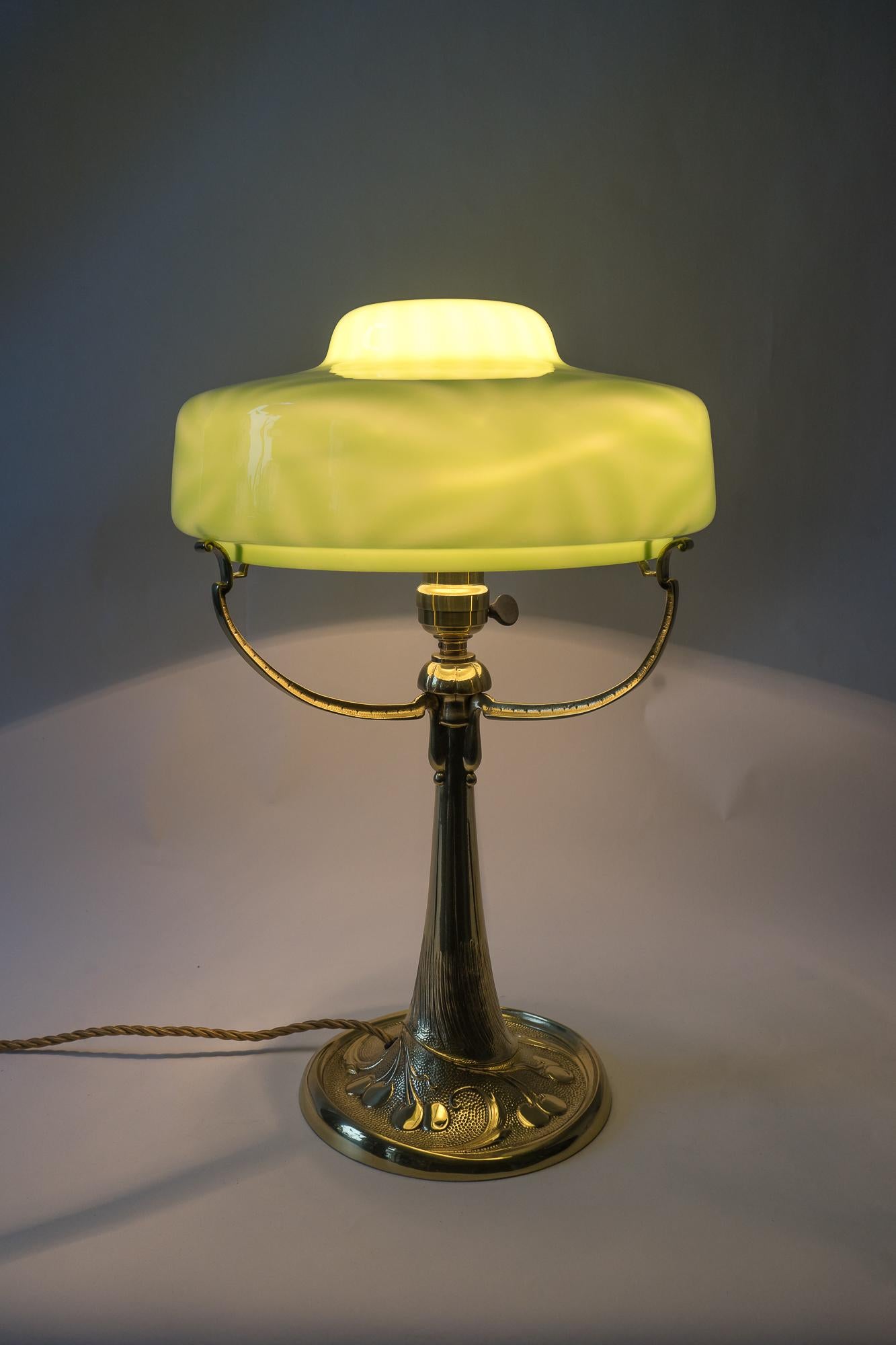 Brass Beautiful Art Nouveau Table Lamp with Original Opaline Glass Shade, circa 1907s