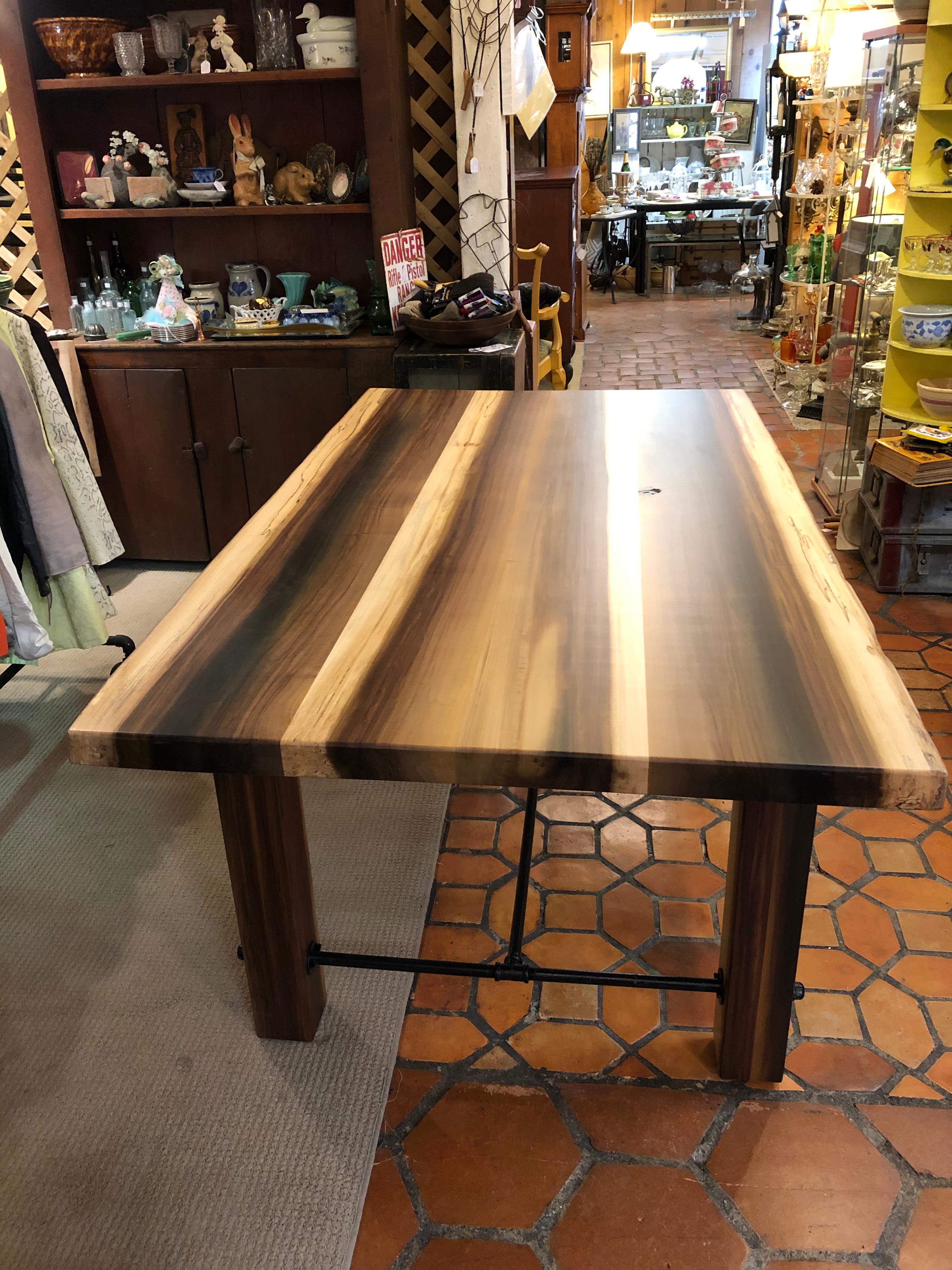 A handsome solid poplar farm table custom made by Amish artisan in Lancaster Pennsylvania having hand picked beautifully grained wood, chunky square legs and industrial black metal stretcher. 
Apron height 25
Note: Depending on availability of