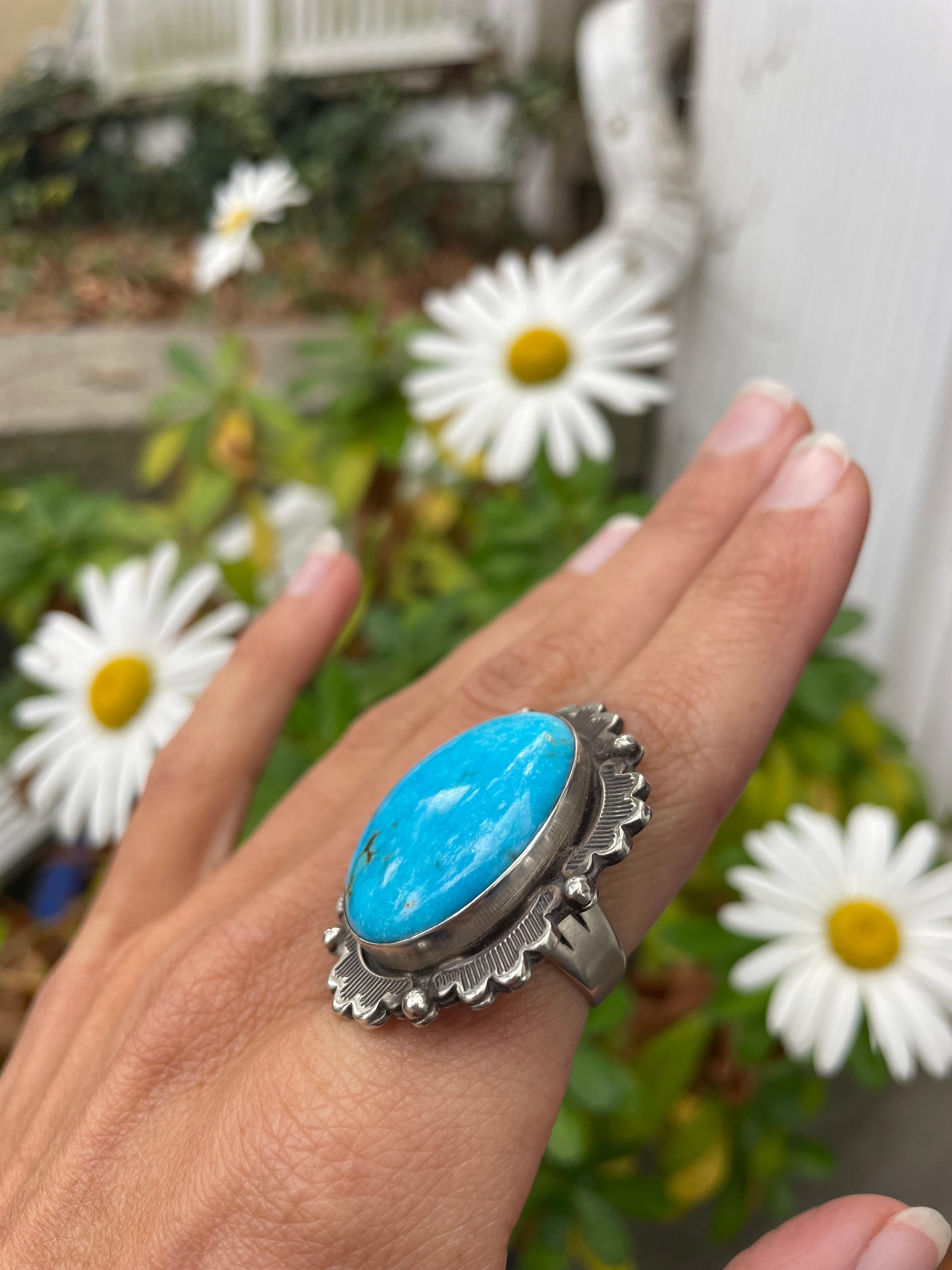 Beautiful Artisan Made Blue Turquoise Sterling Silver Native American Ring In Good Condition For Sale In Greenport, NY