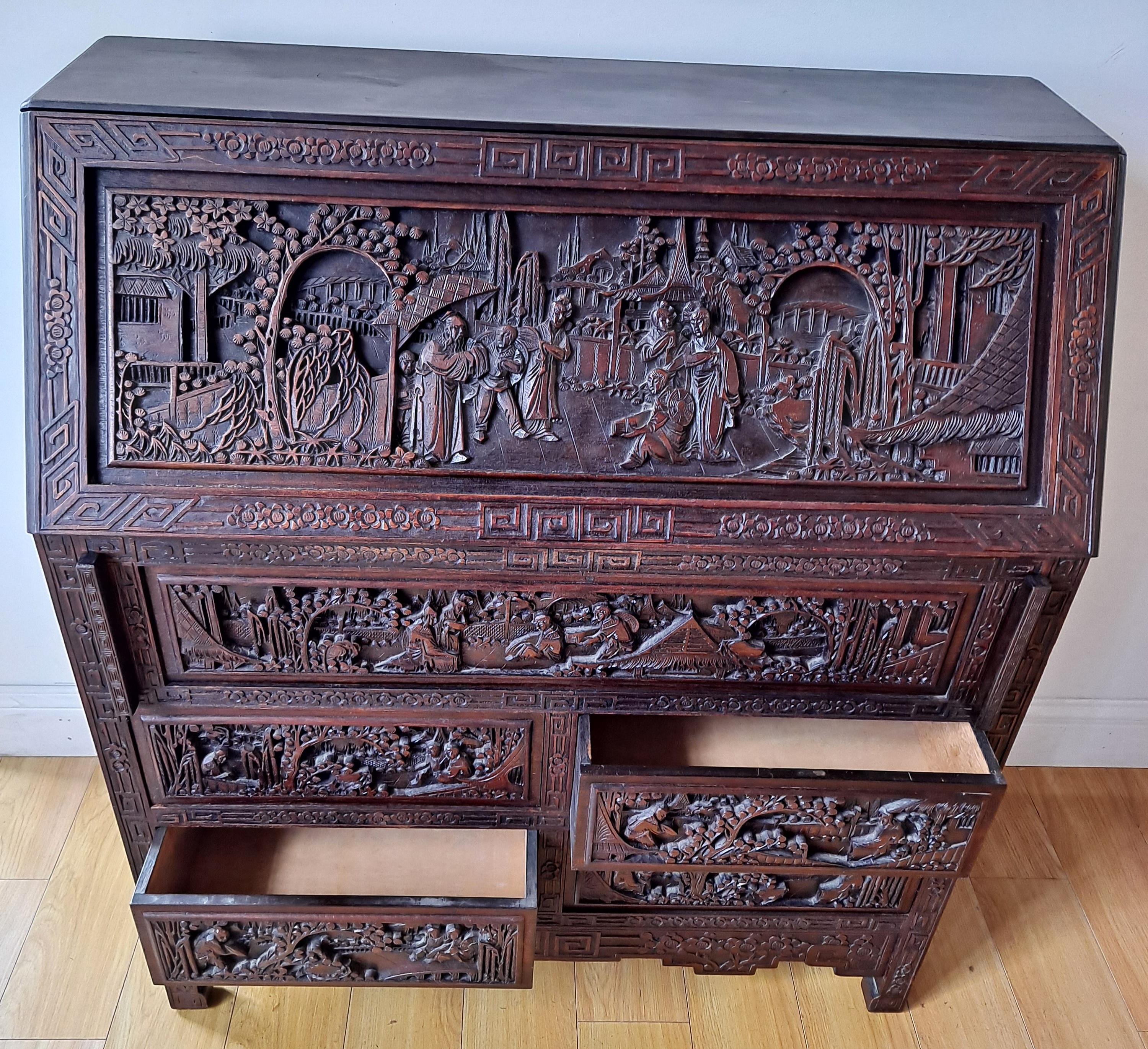 Beautiful Asian Intricately Carved Rosewood Drop Leaf Secretary Desk In Excellent Condition For Sale In San Francisco, CA