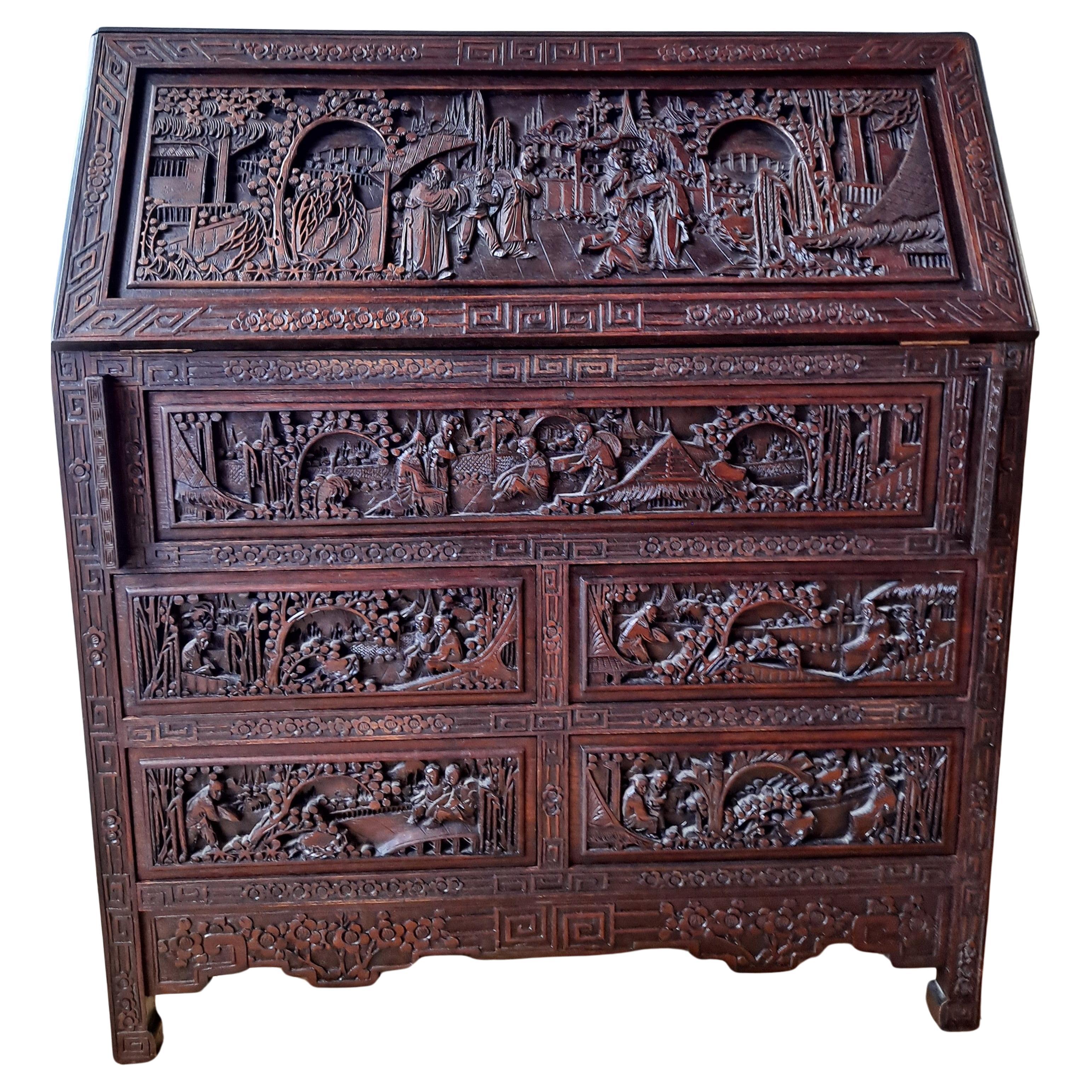 Beautiful Asian Intricately Carved Rosewood Drop Leaf Secretary Desk For Sale